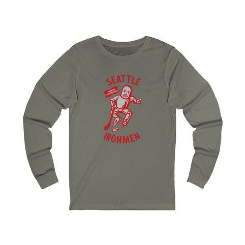 Seattle Ironmen Long Sleeve Shirt with the red retro robot skater with arched lettering on the front, view 4