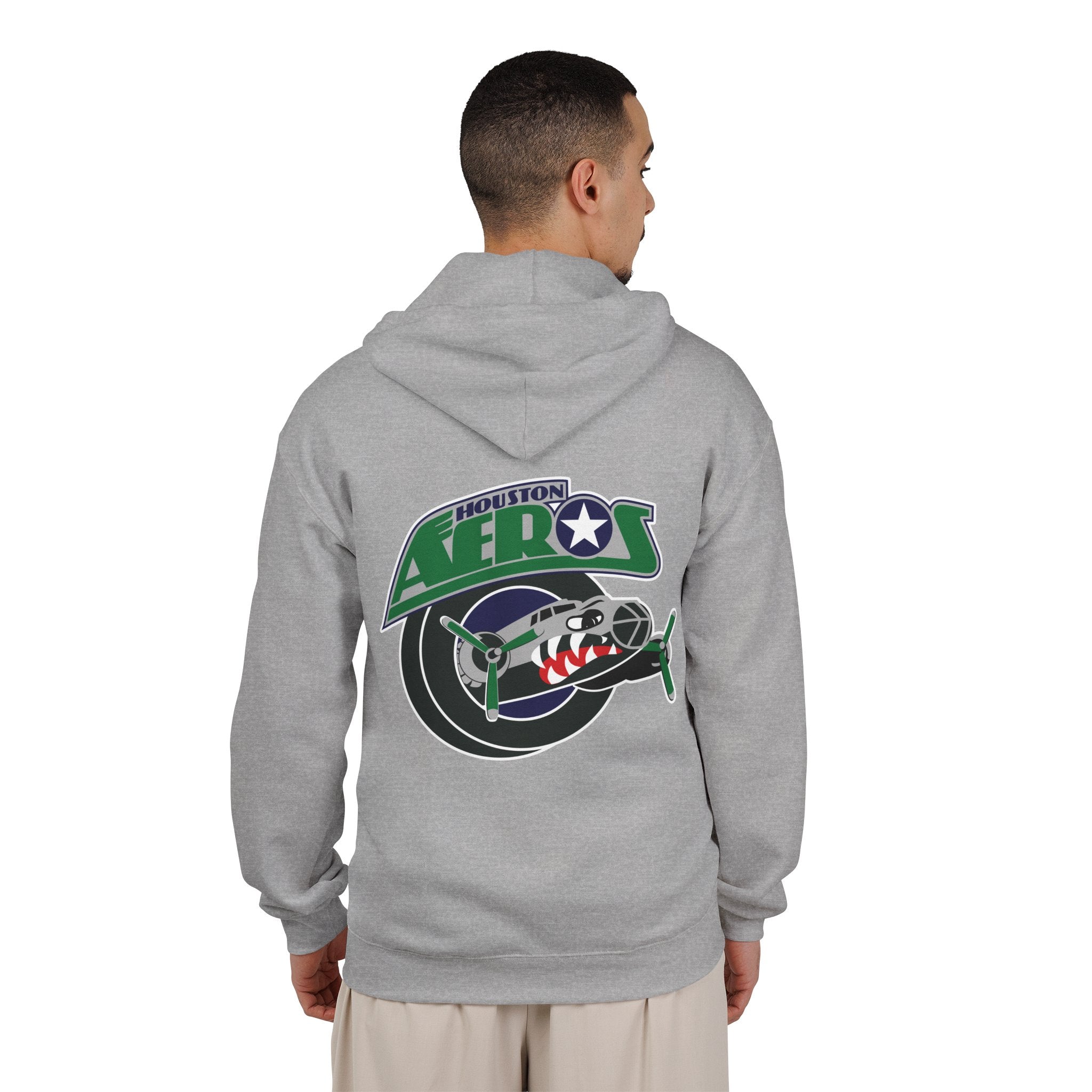 Houston Aeros 1990s Hoodie (Zip) in sport grey, worn by model, back with the shark-nosed plane over a puck with green lettering