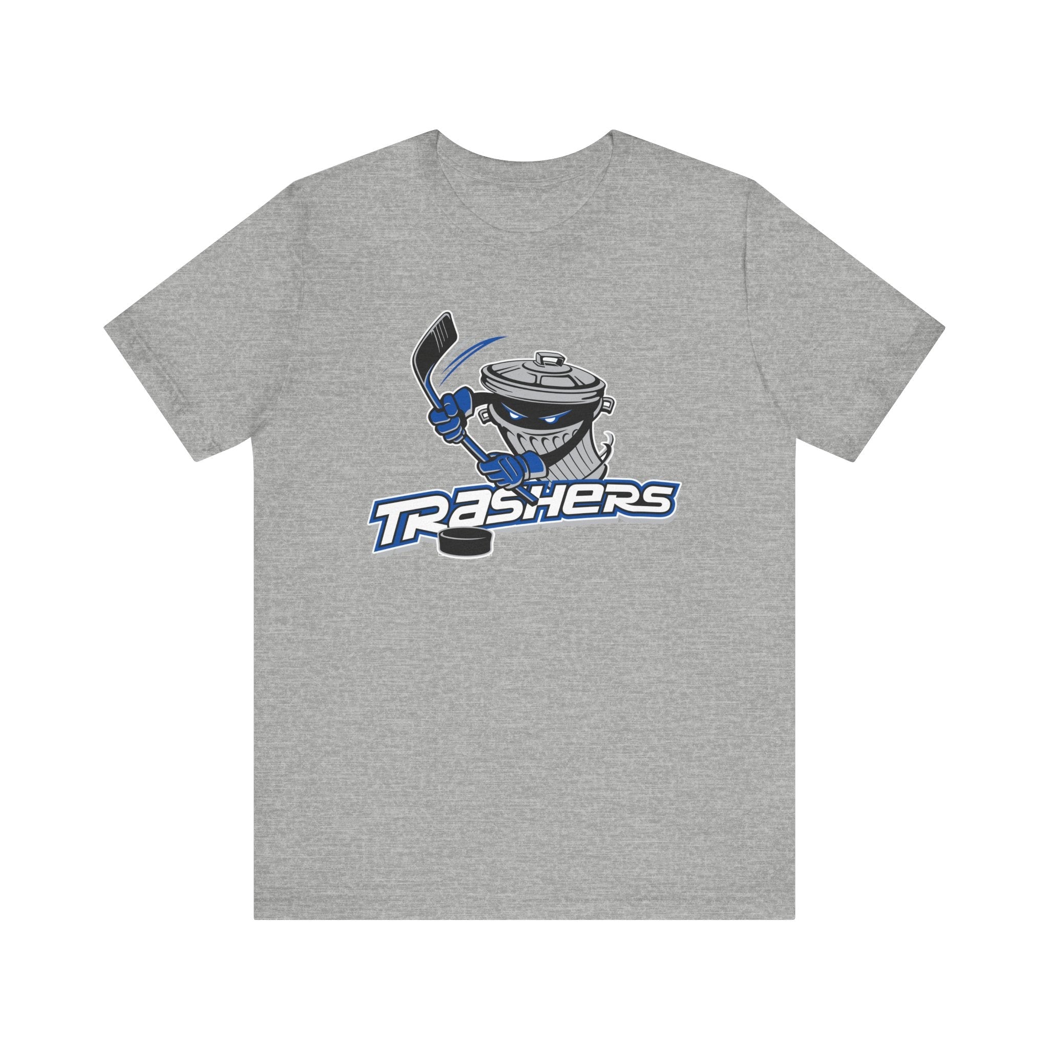 CLEARANCE Danbury Trashers Logo T-Shirt (Premium Lightweight) (Misprint) in athletic heather with the trash can mascot holding a stick over lettering on the front