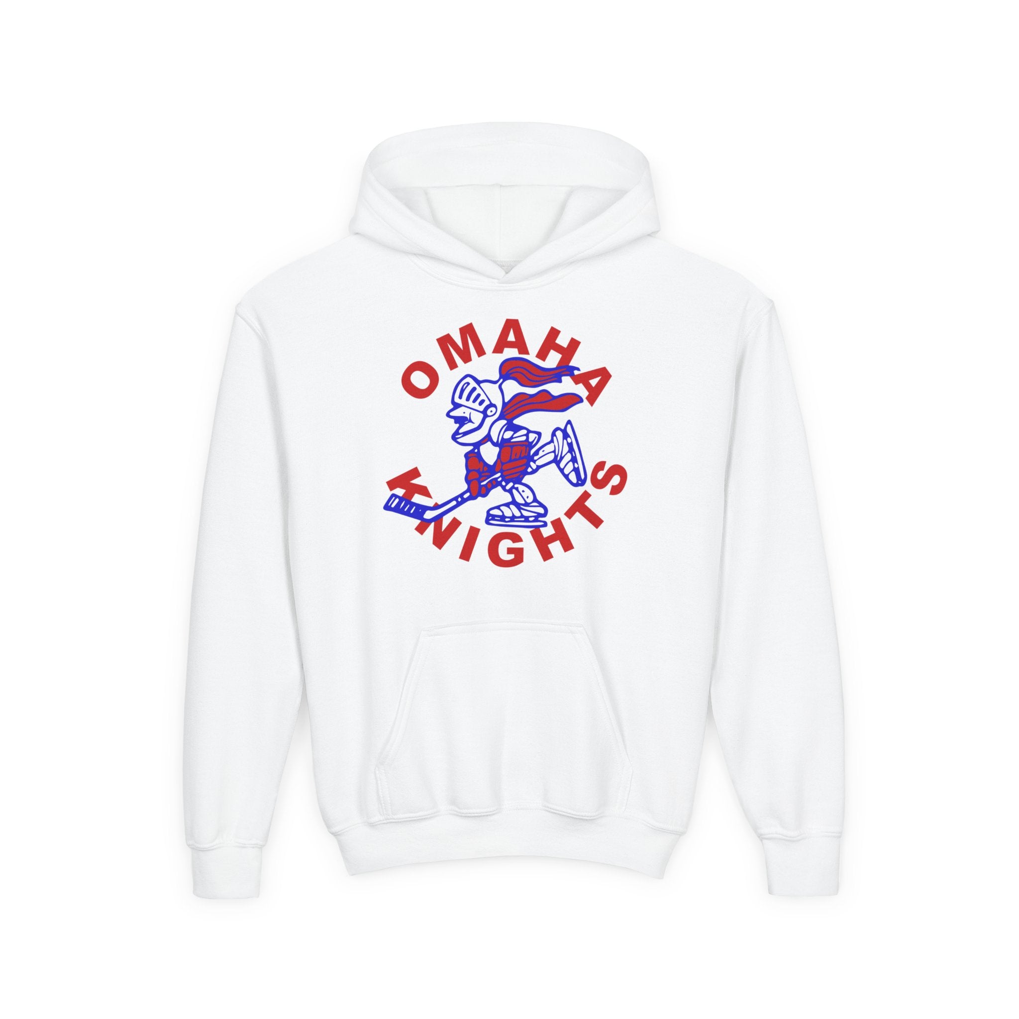 Omaha Knights 1960s Hoodie (Youth) in white with the red arched name around a skating knight mascot on the front