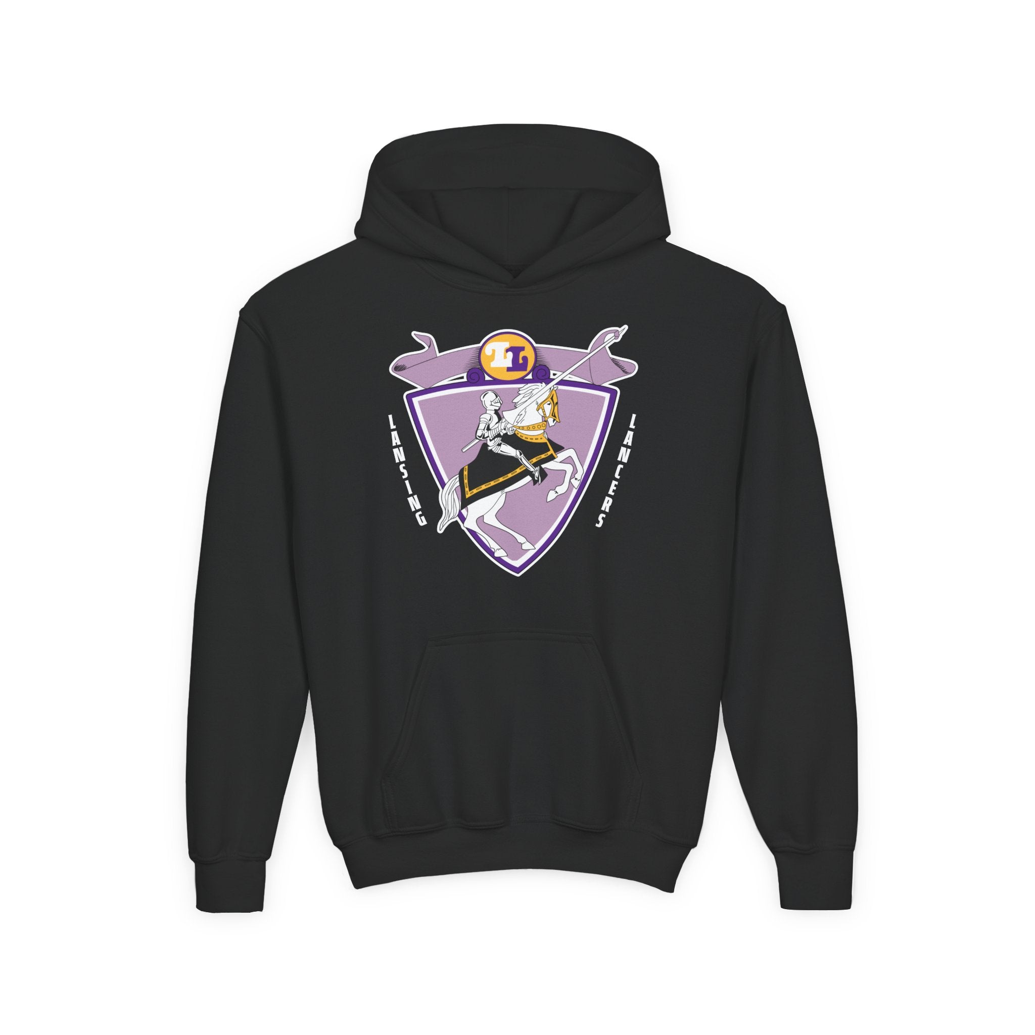 Lansing Lancers Hoodie (Youth) in black with the jousting knight on a lilac shield crest on the front