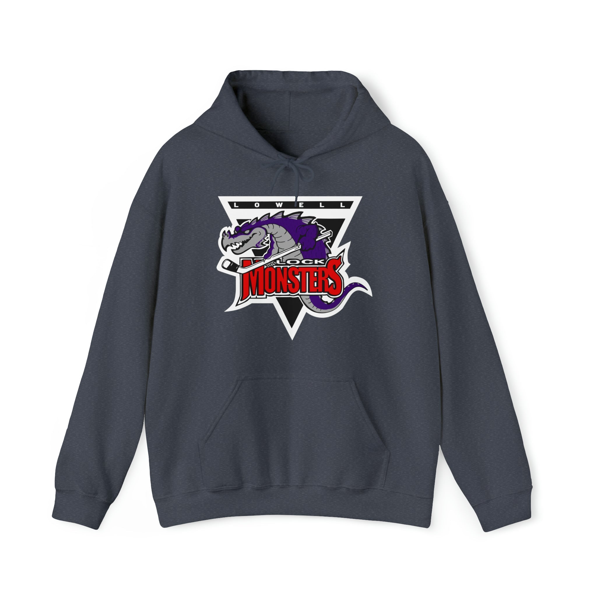 CLEARANCE Lowell Lock Monsters Hooded Sweatshirt in heather denim with the purple monster in a triangle with red text on the front