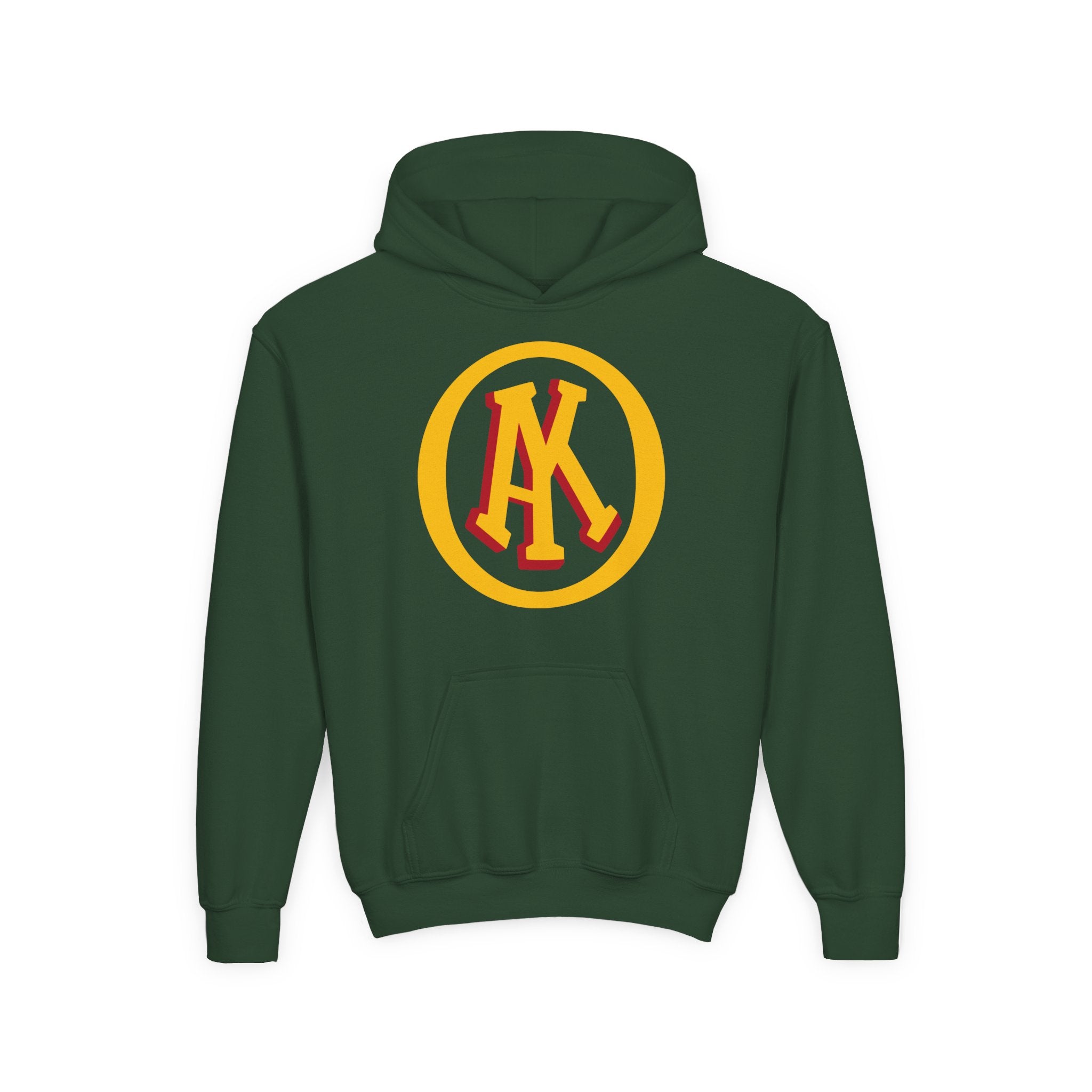 Omaha Knights 1940s Hoodie (Youth) in forest green with the gold and red AK monogram in a gold ring on the front