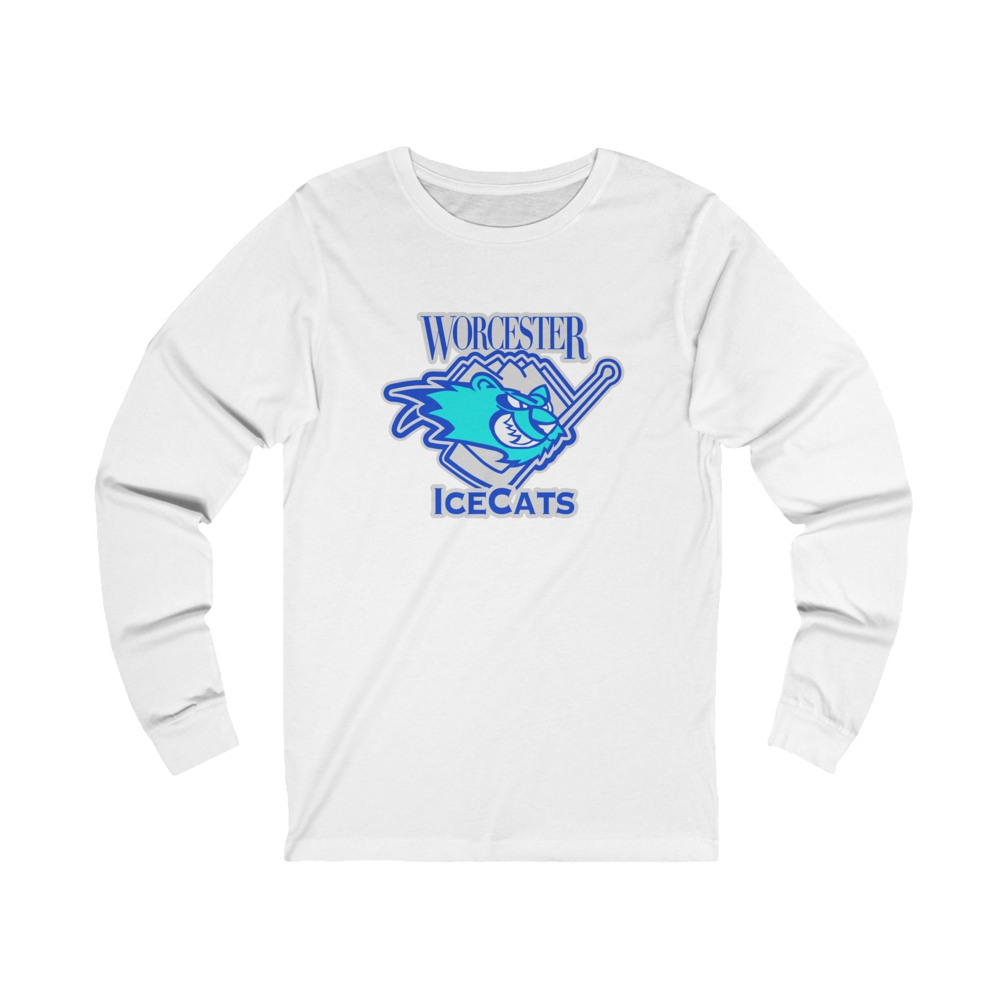 Worcester IceCats Long Sleeve Shirt with the teal cartoon cat with a stick and blue lettering on the front, view 5