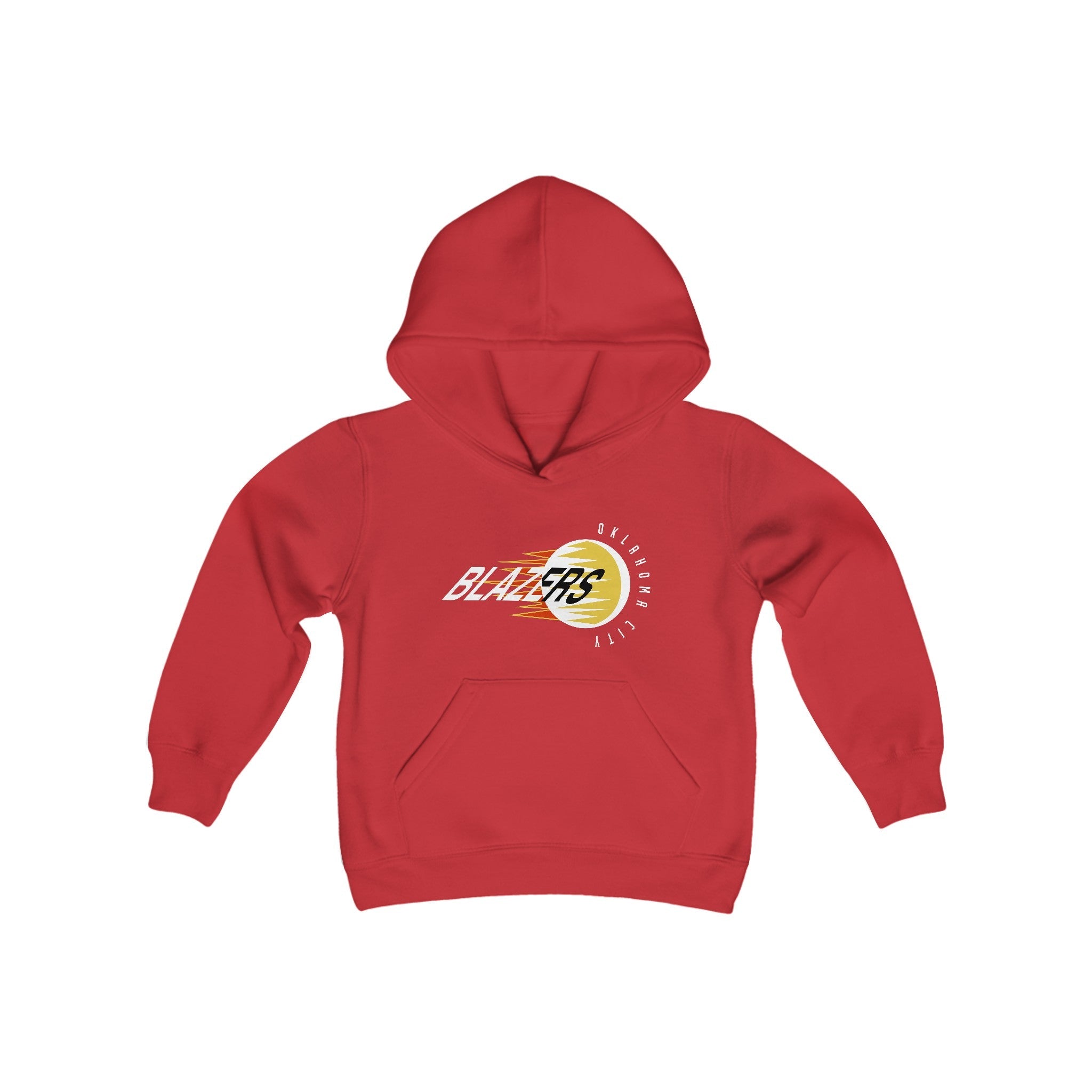 CLEARANCE Oklahoma City Blazers 1990s Hoodie (Youth) in red with the gold puck with speed lines and white script on the front