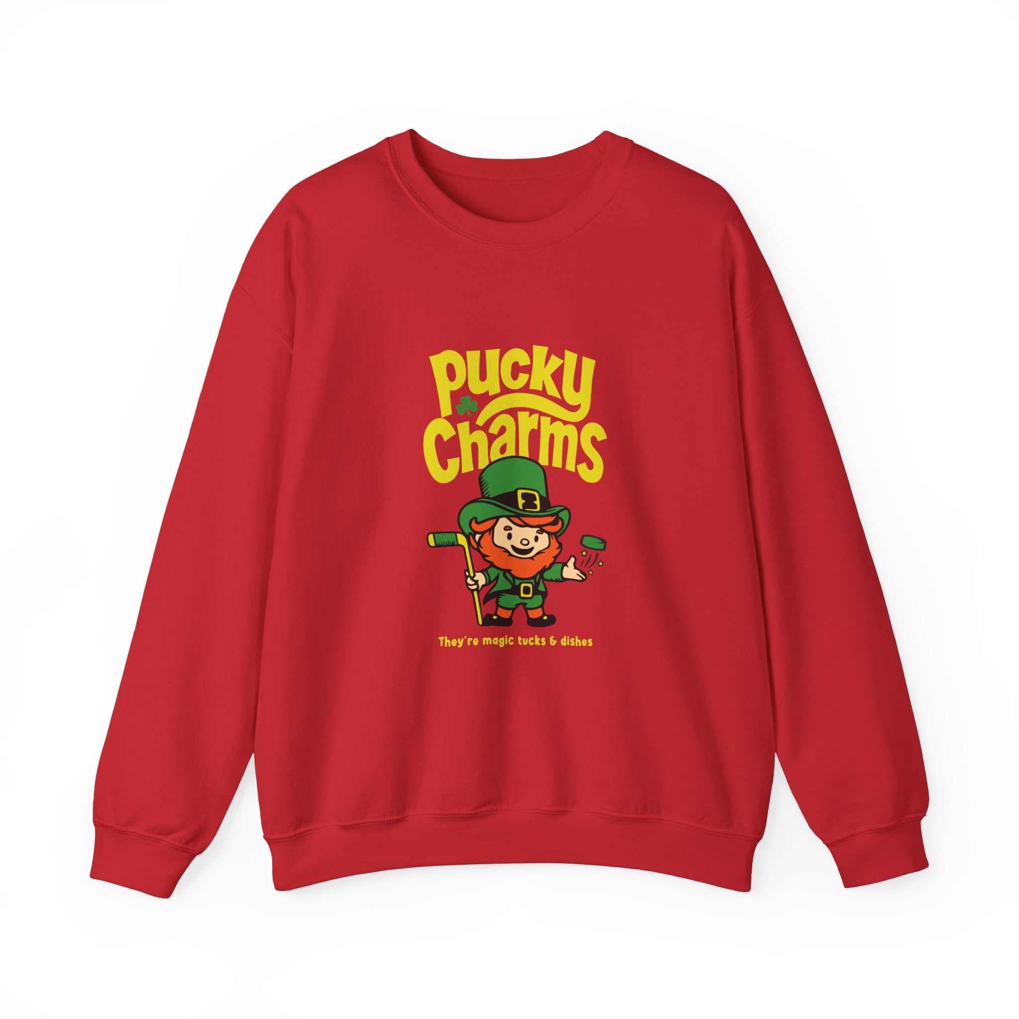 Pucky Charms Crewneck Sweatshirt in red with the cartoon leprechaun with a stick and yellow lettering on the front