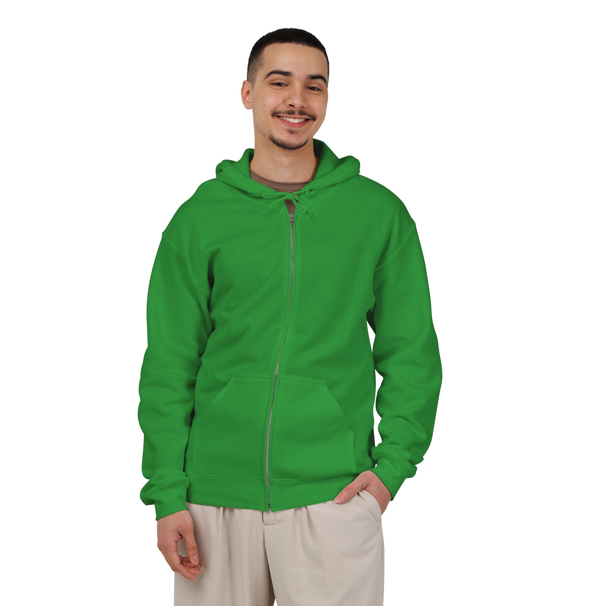 Plattsburgh Pioneers Hoodie (Zip) in irish green, worn by model, front, plain (design is on the back)