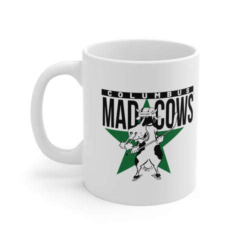 Columbus Mad Cows Mug 11 oz with the cartoon cow skater on a green star, left side view