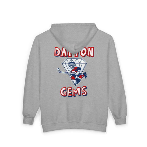 Dayton Gems Hoodie (Zip) in sport grey, back view with the skater inside a diamond with red block lettering