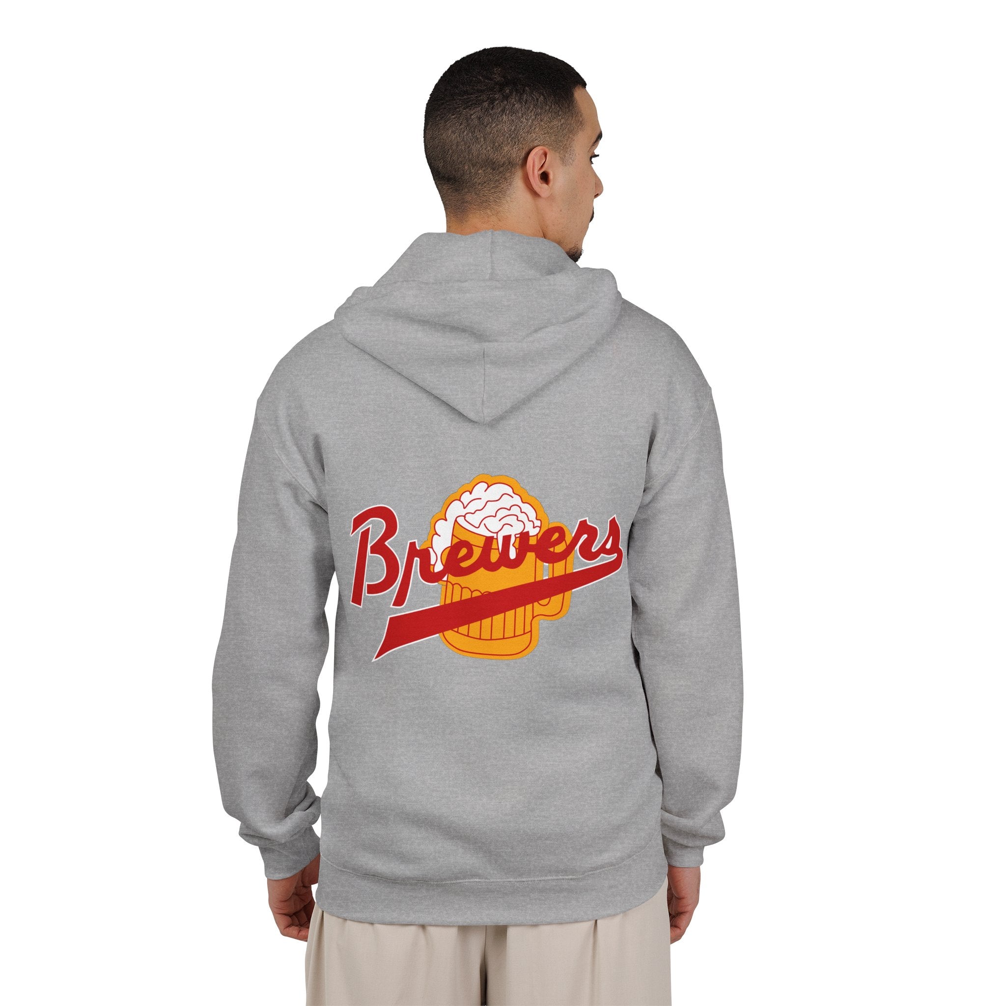 Jersey Brewers Hoodie (Zip) in sport grey, worn by model, back with the red script over a foamy beer mug