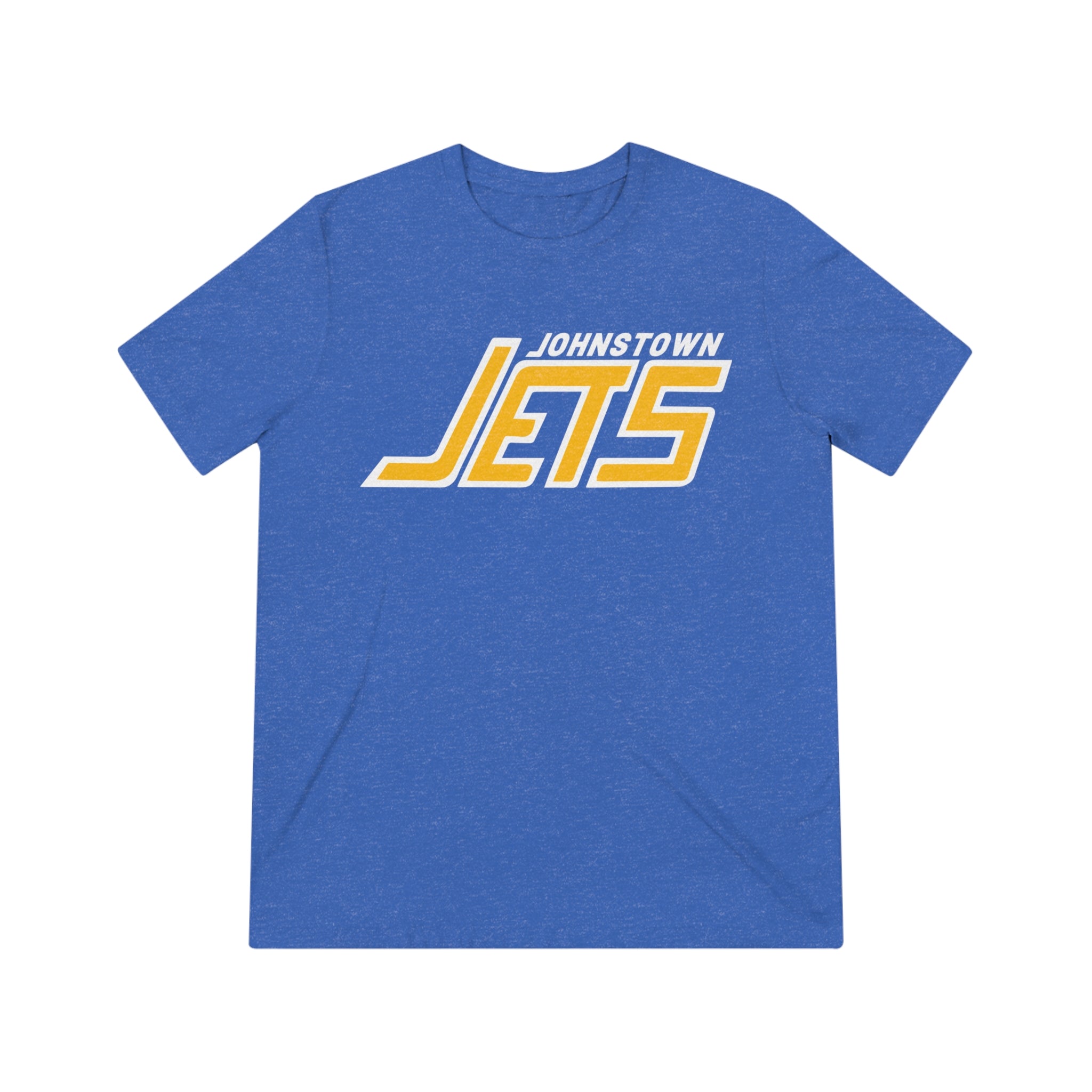 CLEARANCE Johnstown Jets T-Shirt (Tri-Blend Super Light) in true royal triblend with the slanted gold and white block wordmark on the front