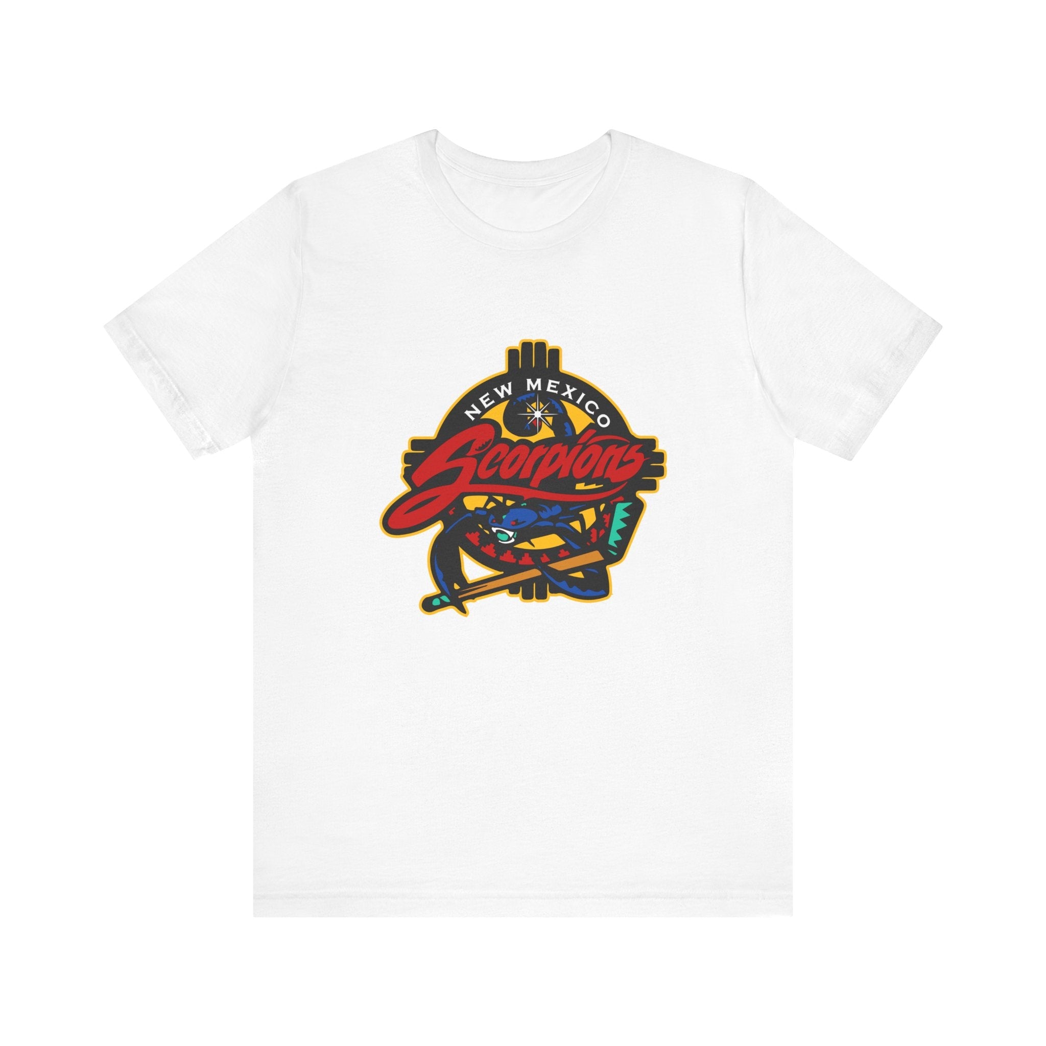 CLEARANCE New Mexico Scorpions 1990s T-Shirt (Premium Lightweight) in white with the red script wordmark and scorpion in a round badge on the front