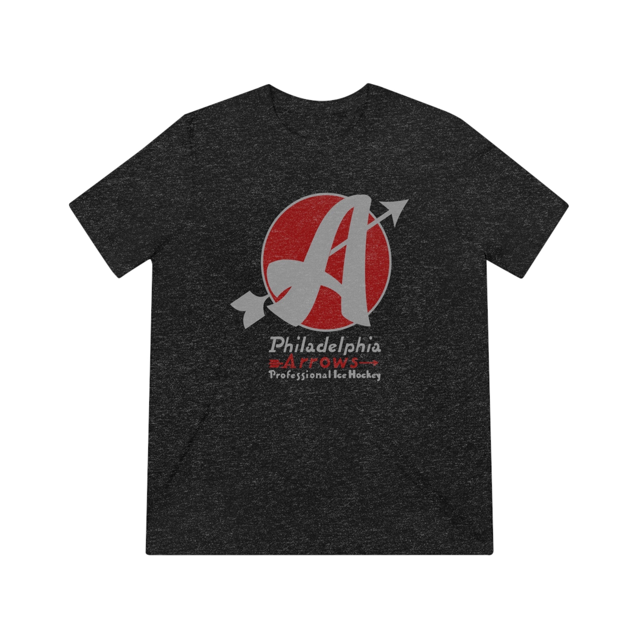 CLEARANCE Philadelphia Arrows T-Shirt (Tri-Blend Super Light) in black heather with the red circle with a grey arrow-pierced A on the front
