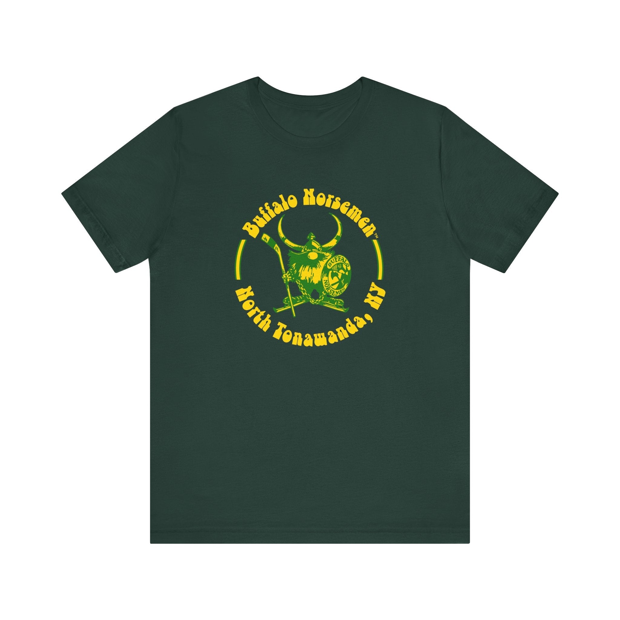 CLEARANCE Buffalo Norsemen T-Shirt (Premium Lightweight) in forest with the round yellow logo of a horned Viking on the front