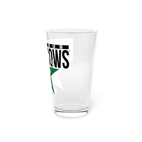 Columbus Mad Cows Pint Glass with the cartoon cow skater on a green star, right side view