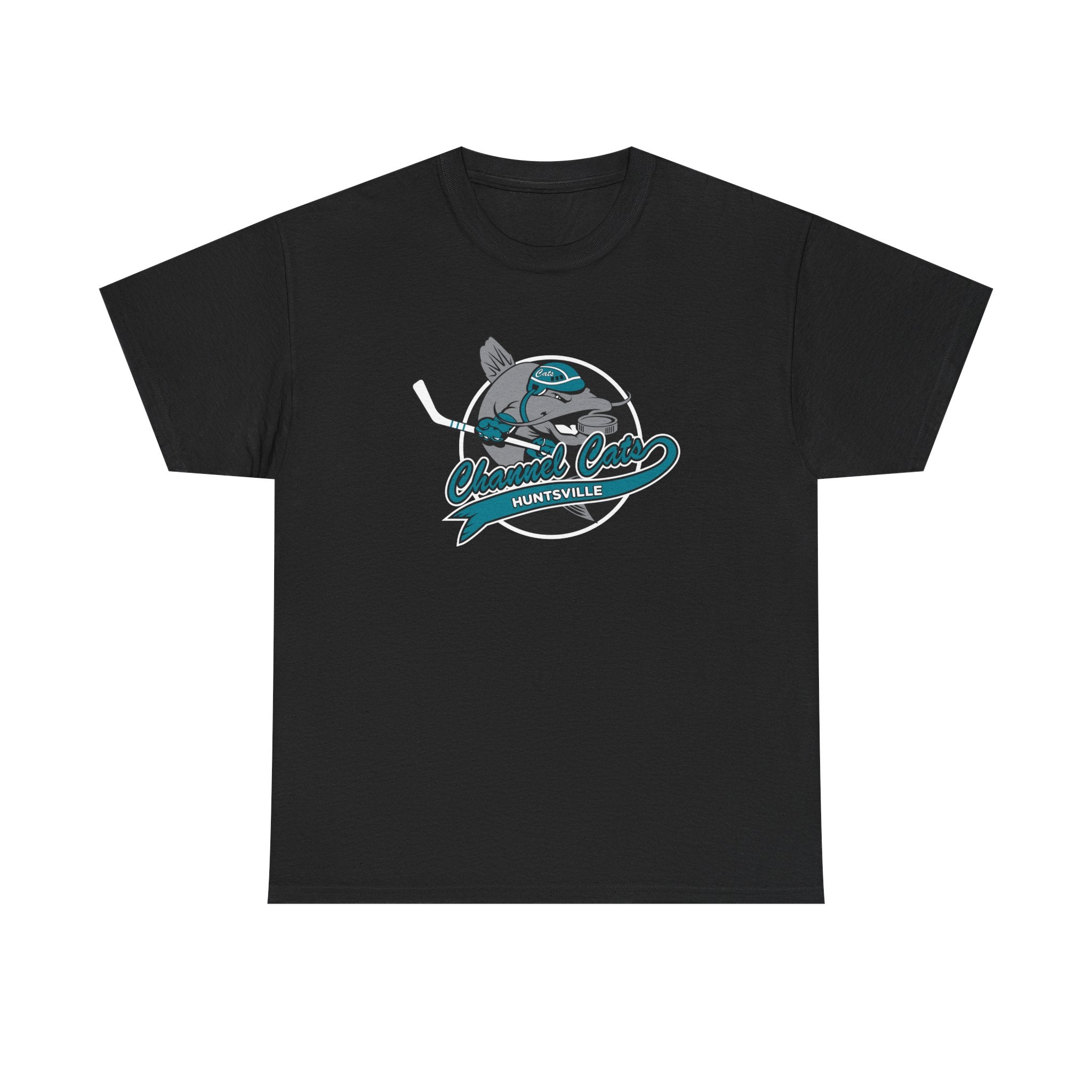 CLEARANCE Huntsville Channel Cats T-Shirt in black with the grey catfish with a stick over teal script on the front