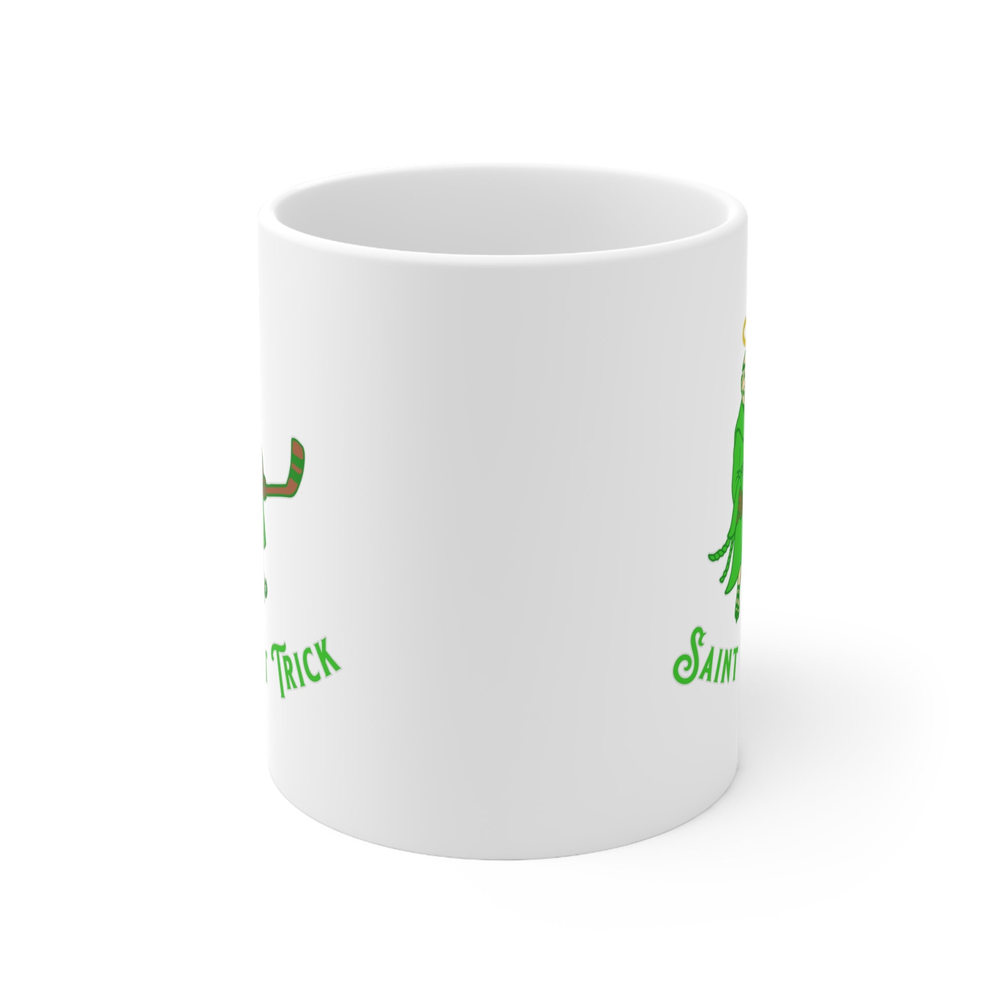 Saint Hat Trick Mug 11oz with the haloed monk skater in green with script