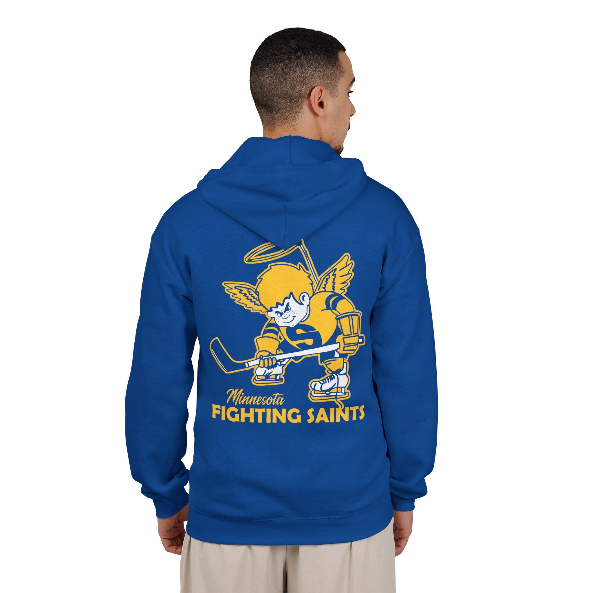 Minnesota Fighting Saints Hoodie (Zip) in royal, worn by model, back with the gold haloed angel skater with a stick