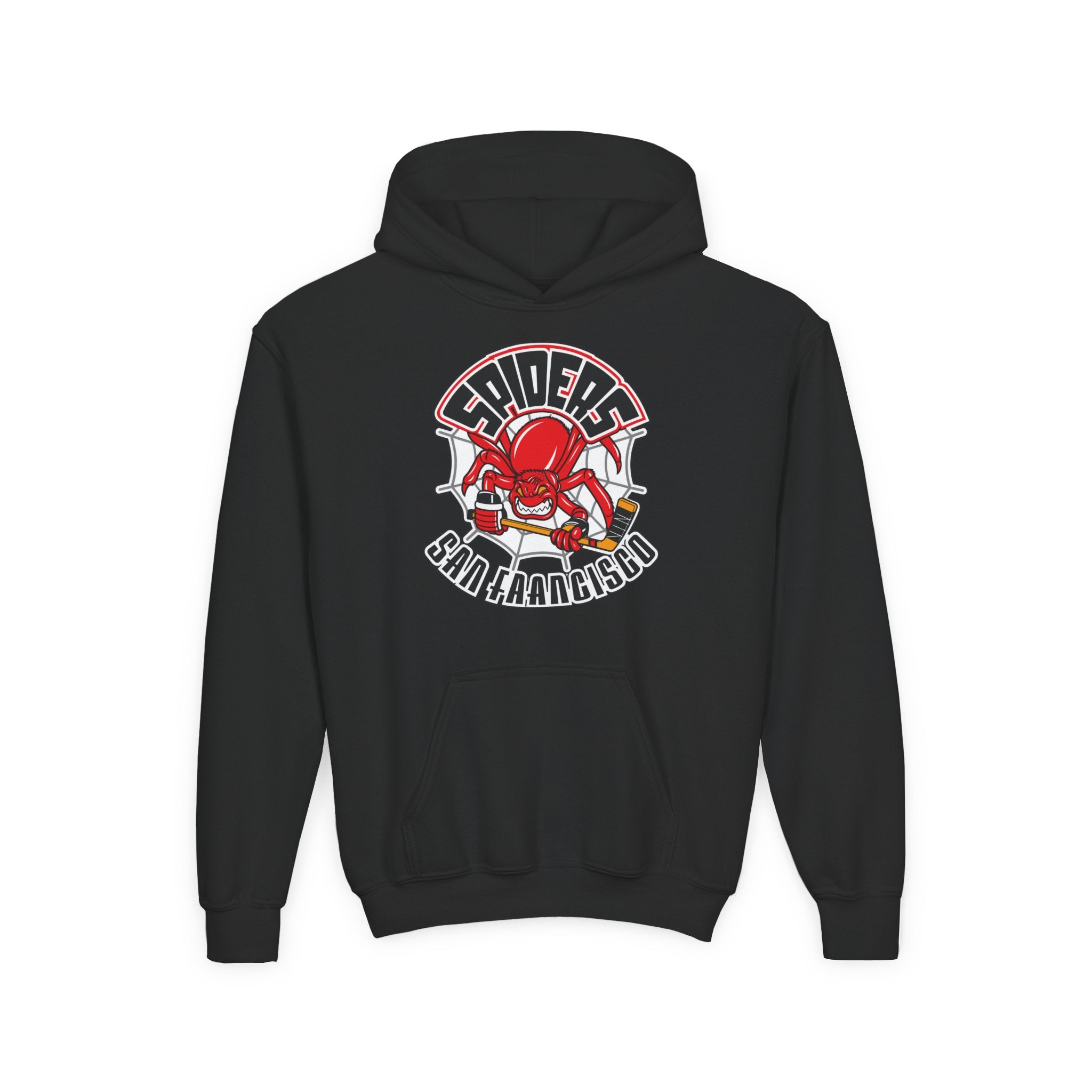 San Francisco Spiders Hoodie (Youth) in black with the red spider with a hockey stick on a web on the front