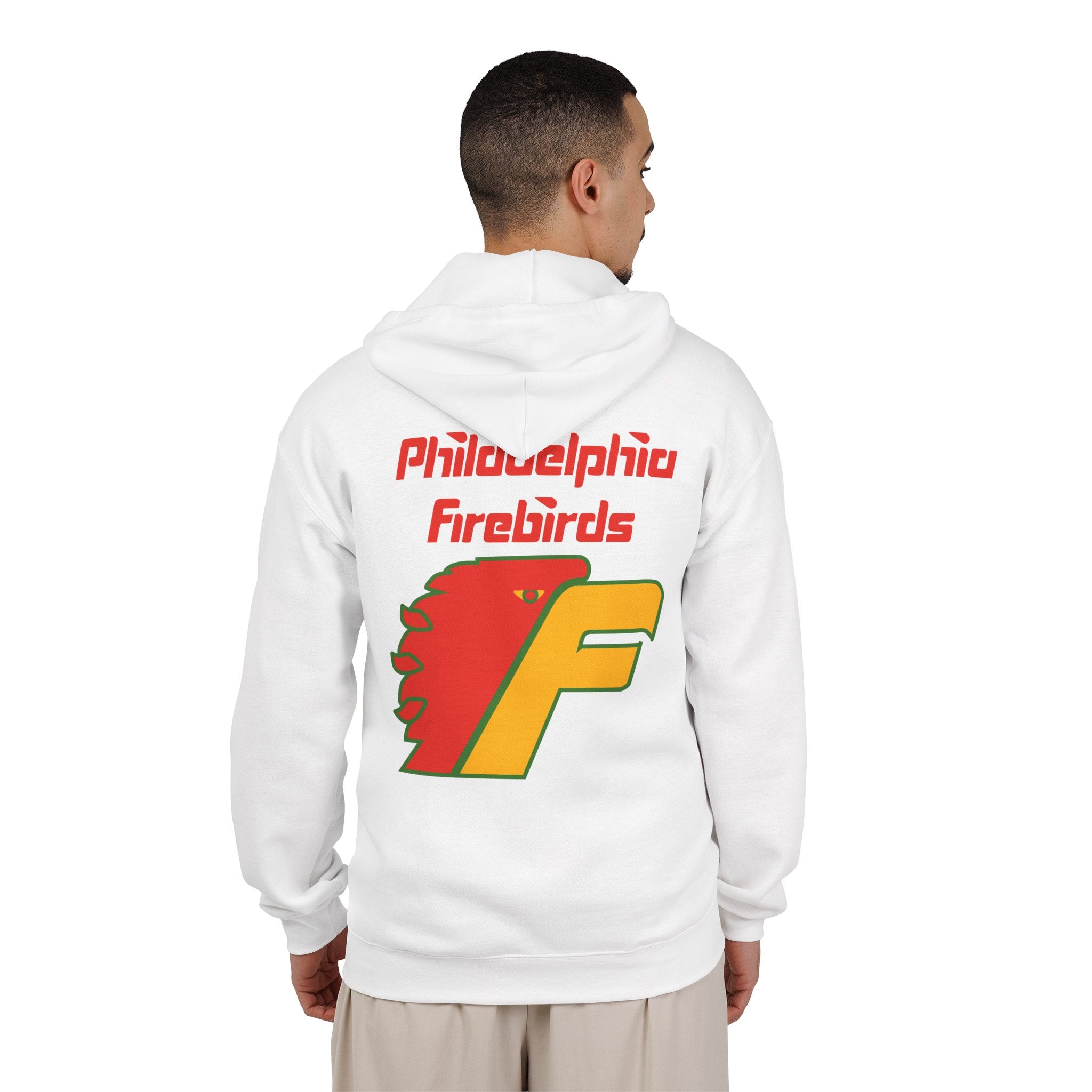 Philadelphia Firebirds Hoodie (Zip) in white, worn by model, back with the red and yellow firebird F logo with red script