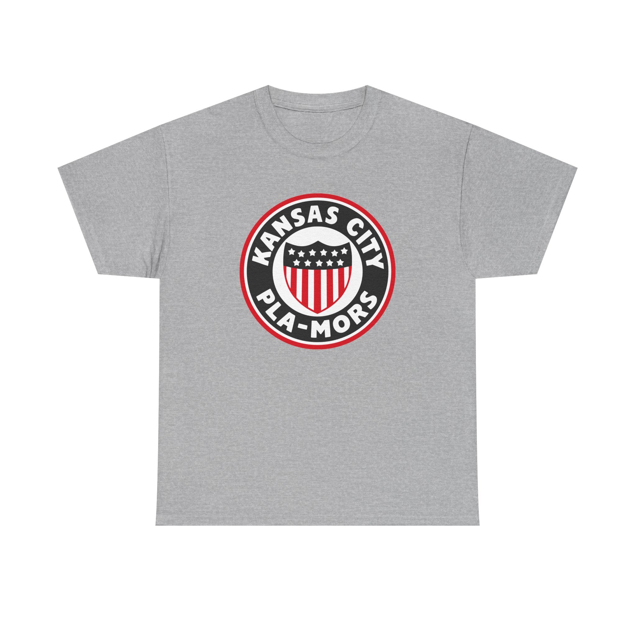 Kansas City Pla-Mors T-Shirt in sport grey with the round logo with a stars-and-stripes shield on the front