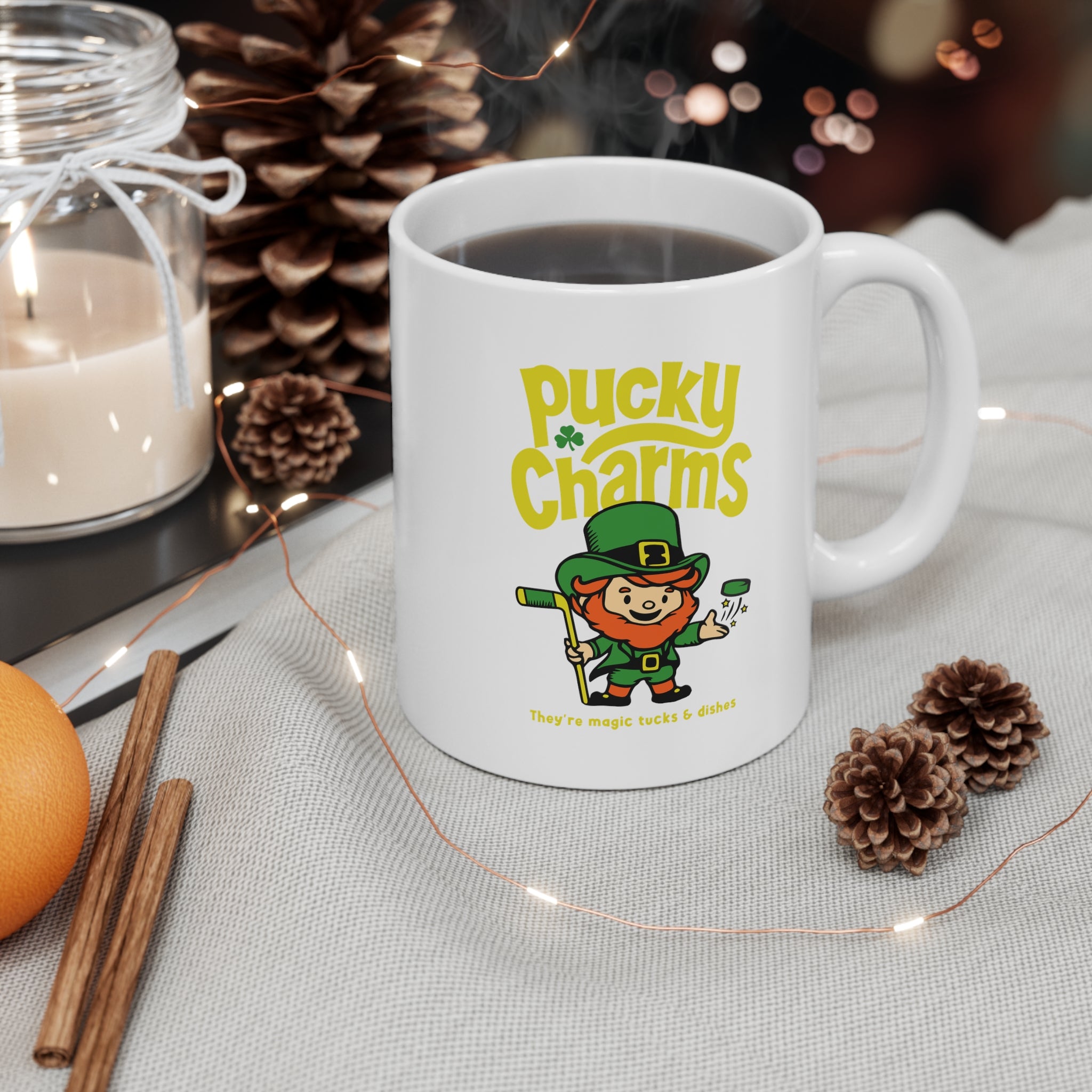 Pucky Charms Mug 11oz with the cartoon leprechaun with a stick and yellow lettering, lifestyle photo