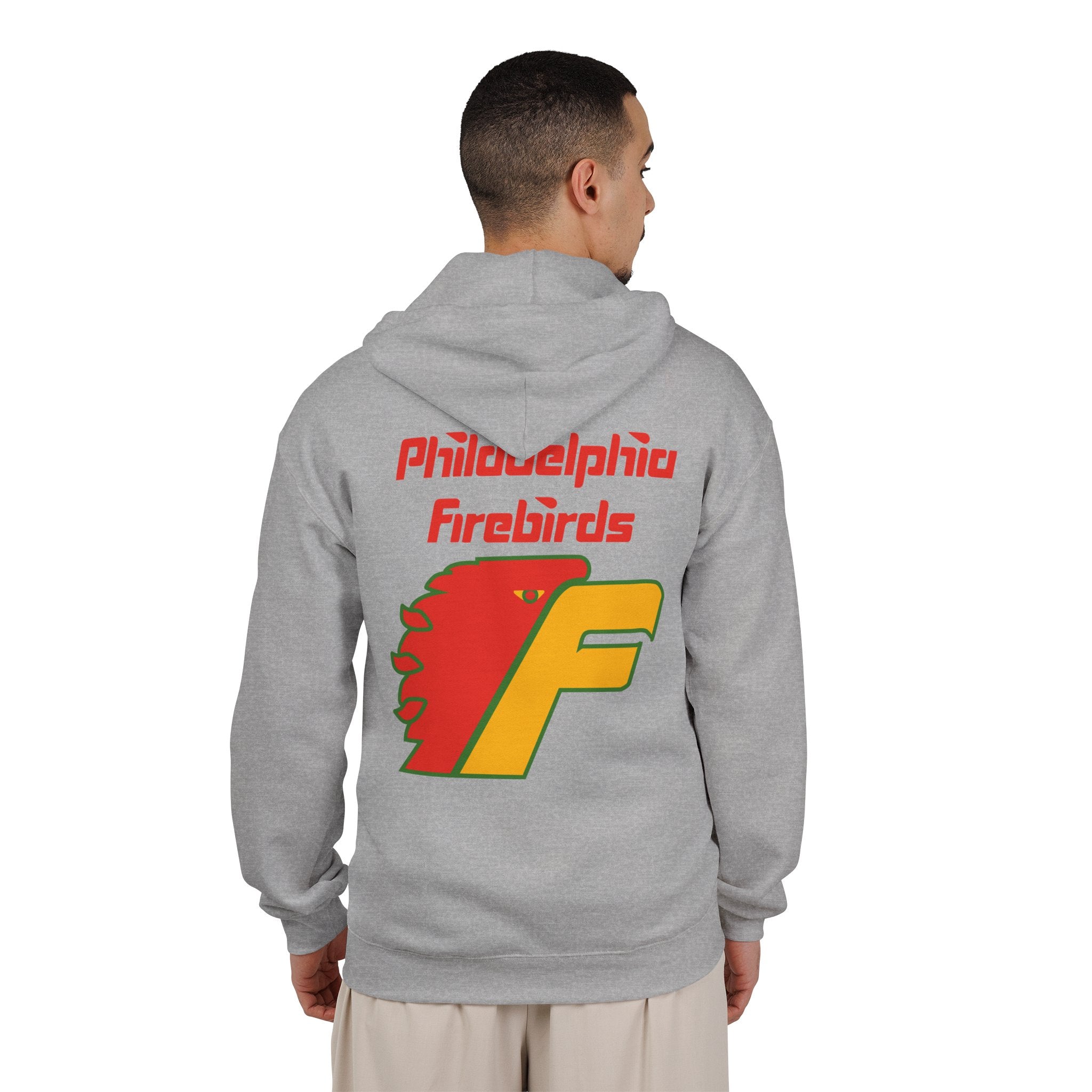 Philadelphia Firebirds Hoodie (Zip) in sport grey, worn by model, back with the red and yellow firebird F logo with red script