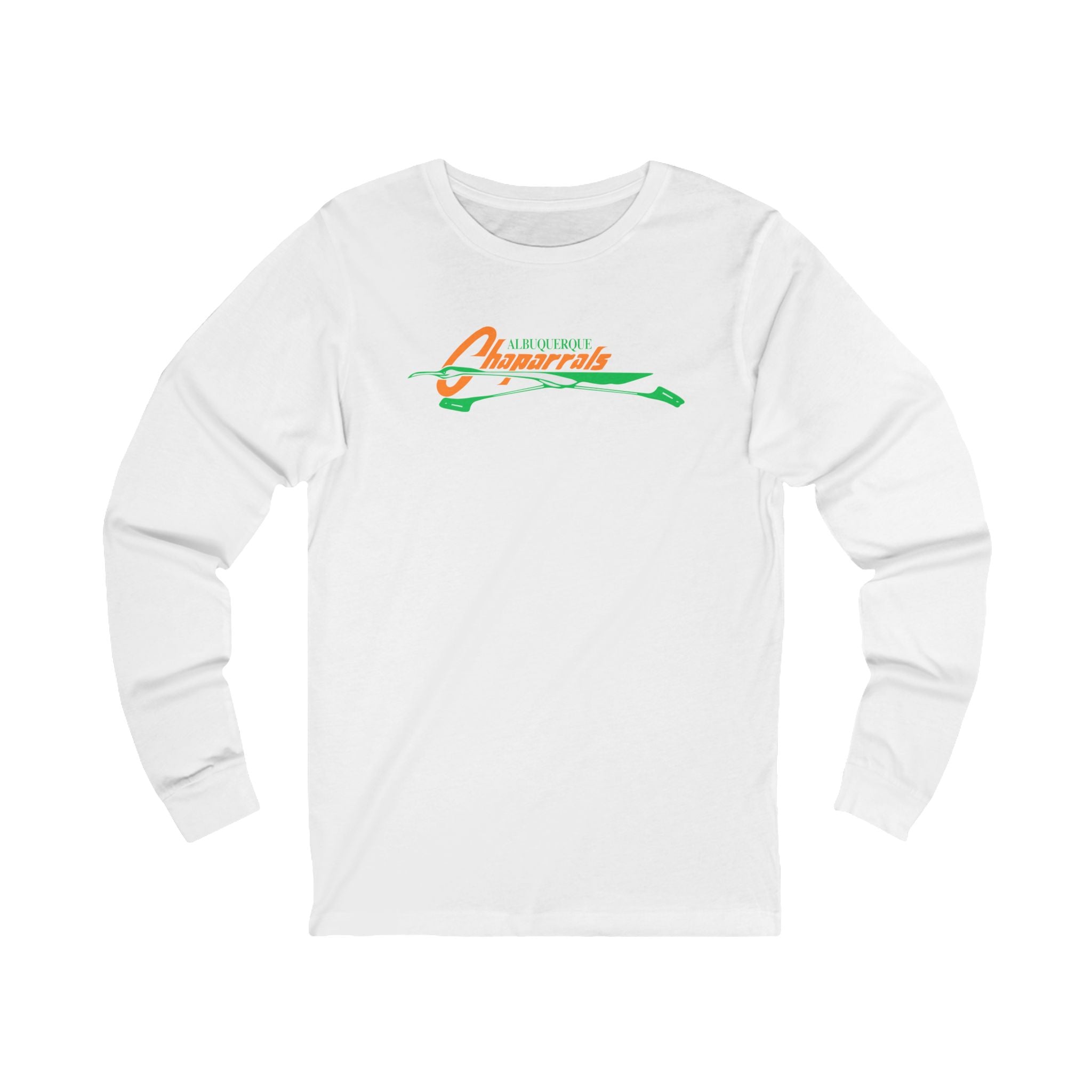 Albuquerque Chaparrals Long Sleeve Shirt in white with the orange script over a green roadrunner swoosh on the front