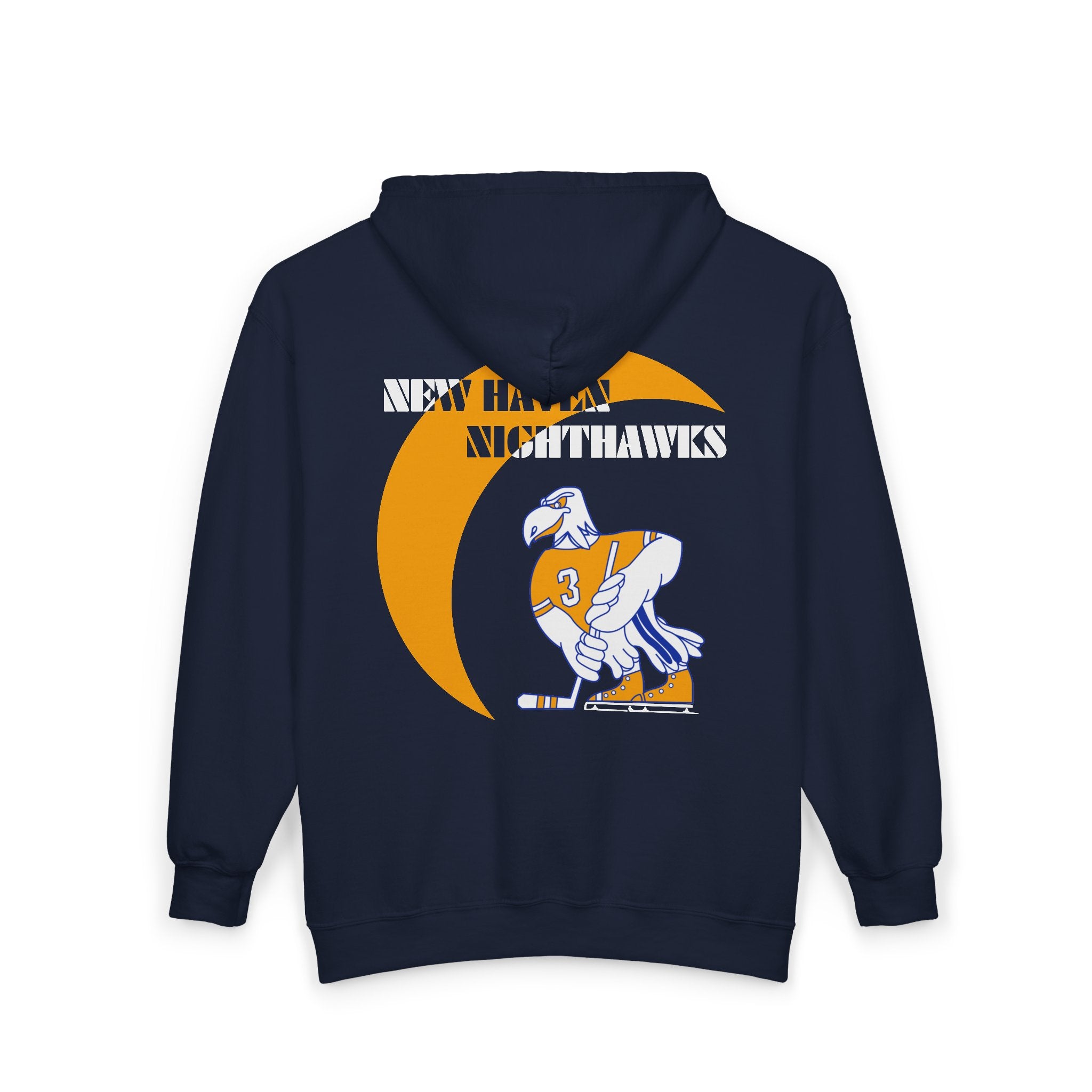 New Haven Nighthawks 1970s Hoodie (Zip) in navy, back view with the cartoon hawk skater with a gold crescent moon