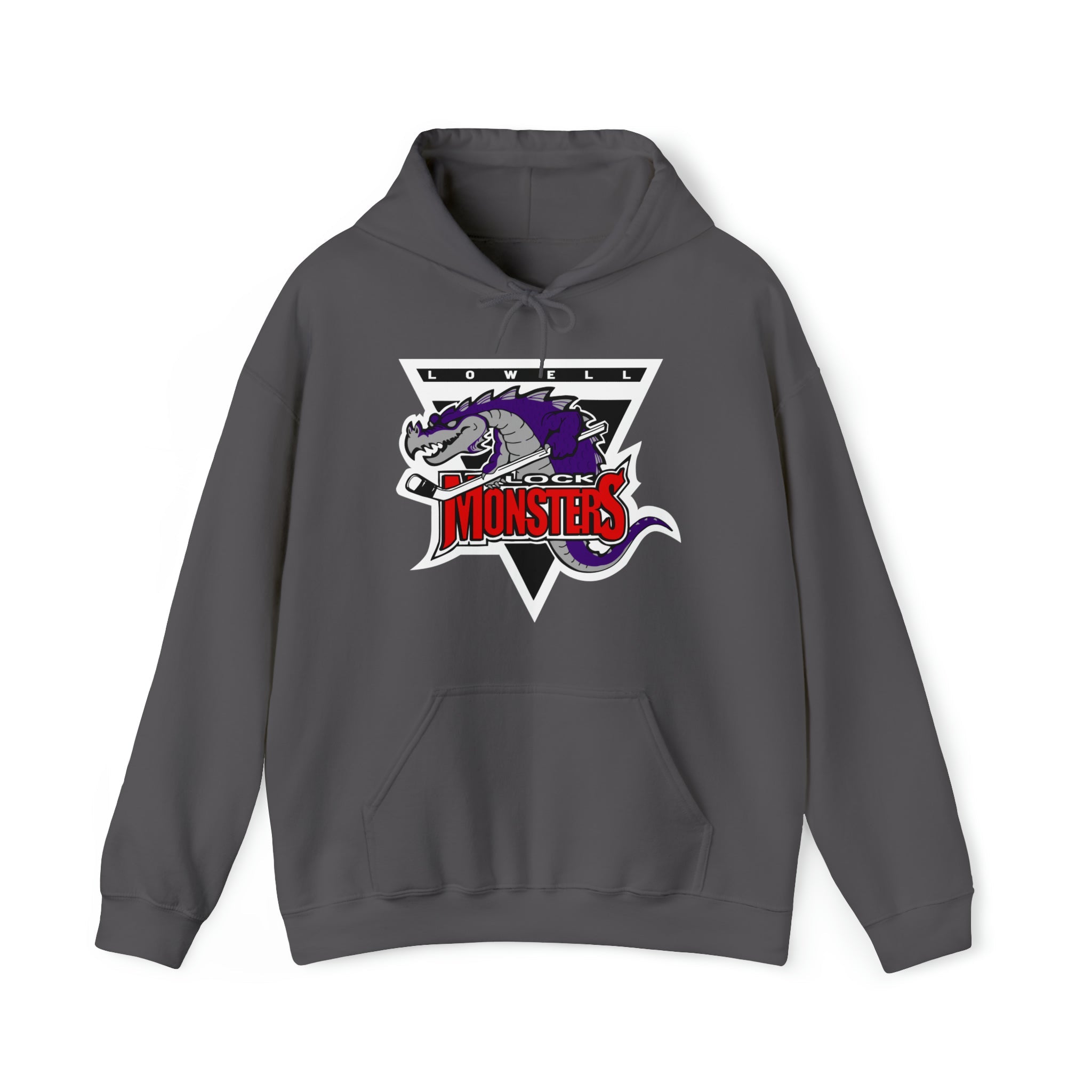 CLEARANCE Lowell Lock Monsters Hooded Sweatshirt in slate with the purple monster in a triangle with red text on the front