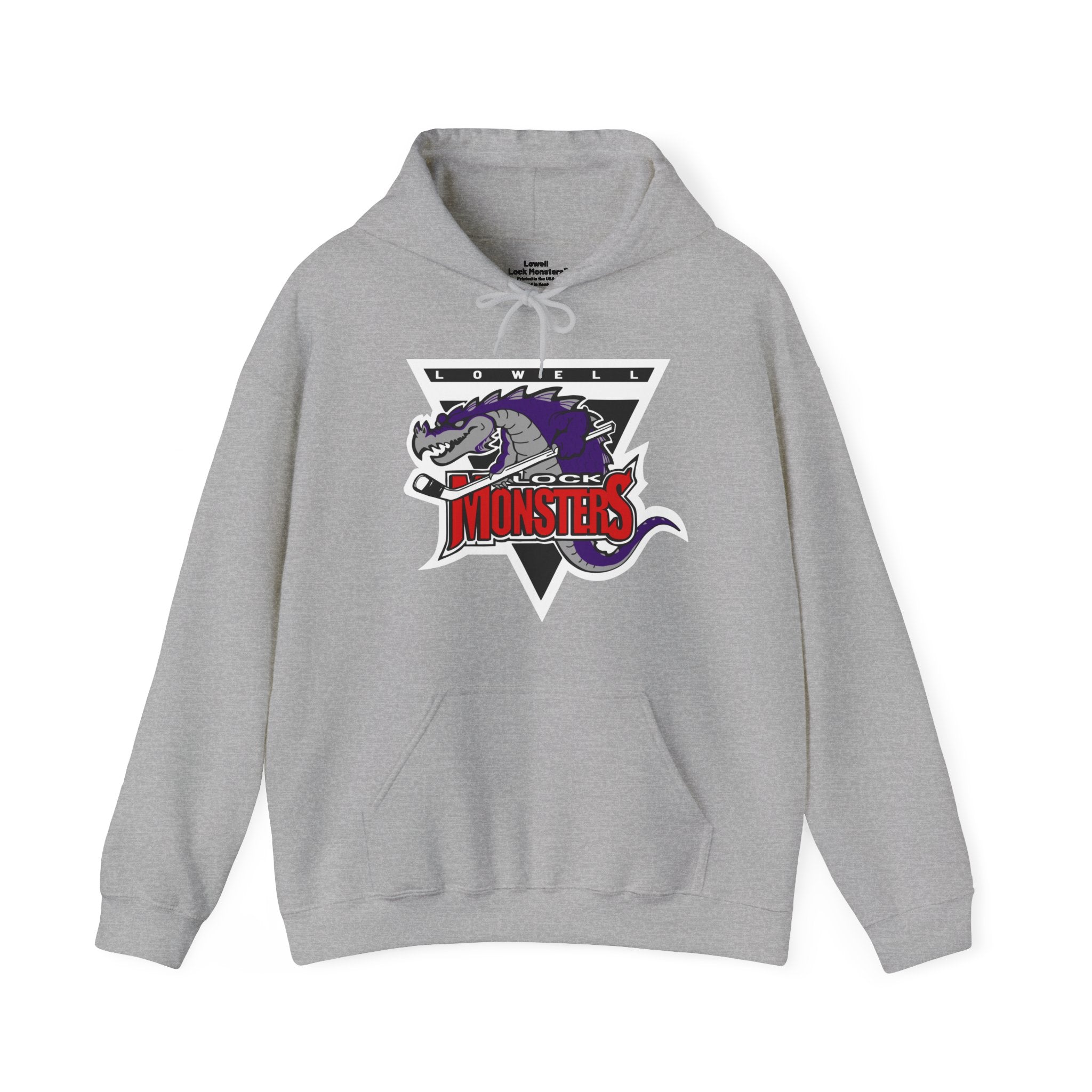 CLEARANCE Lowell Lock Monsters Hooded Sweatshirt in sport grey with the purple monster in a triangle with red text on the front