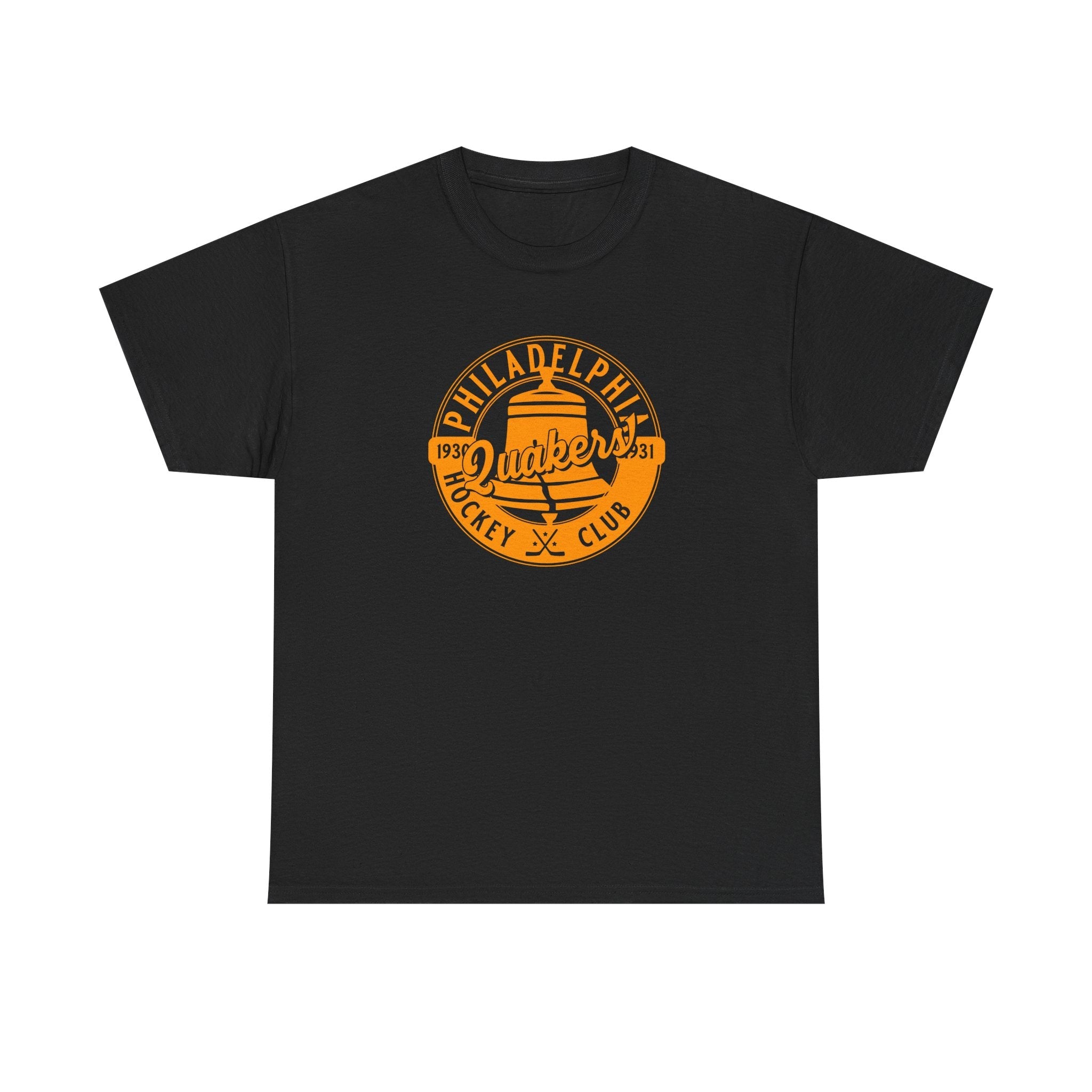 CLEARANCE Philadelphia Quakers T-Shirt in black with the round orange bell badge with script lettering on the front