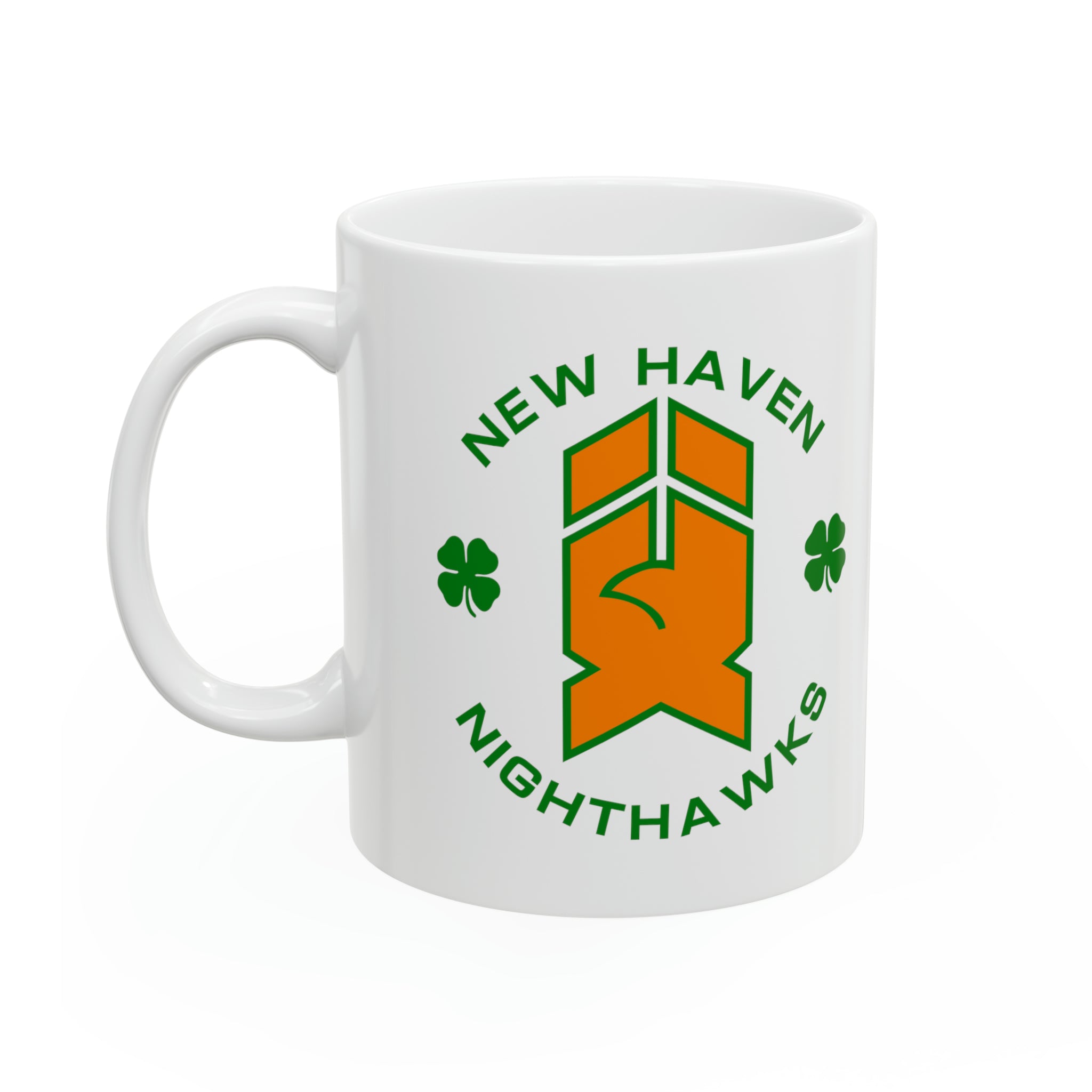 New Haven Nighthawks Irish Mug, 11oz with the orange hawk logo with green shamrocks, left side view