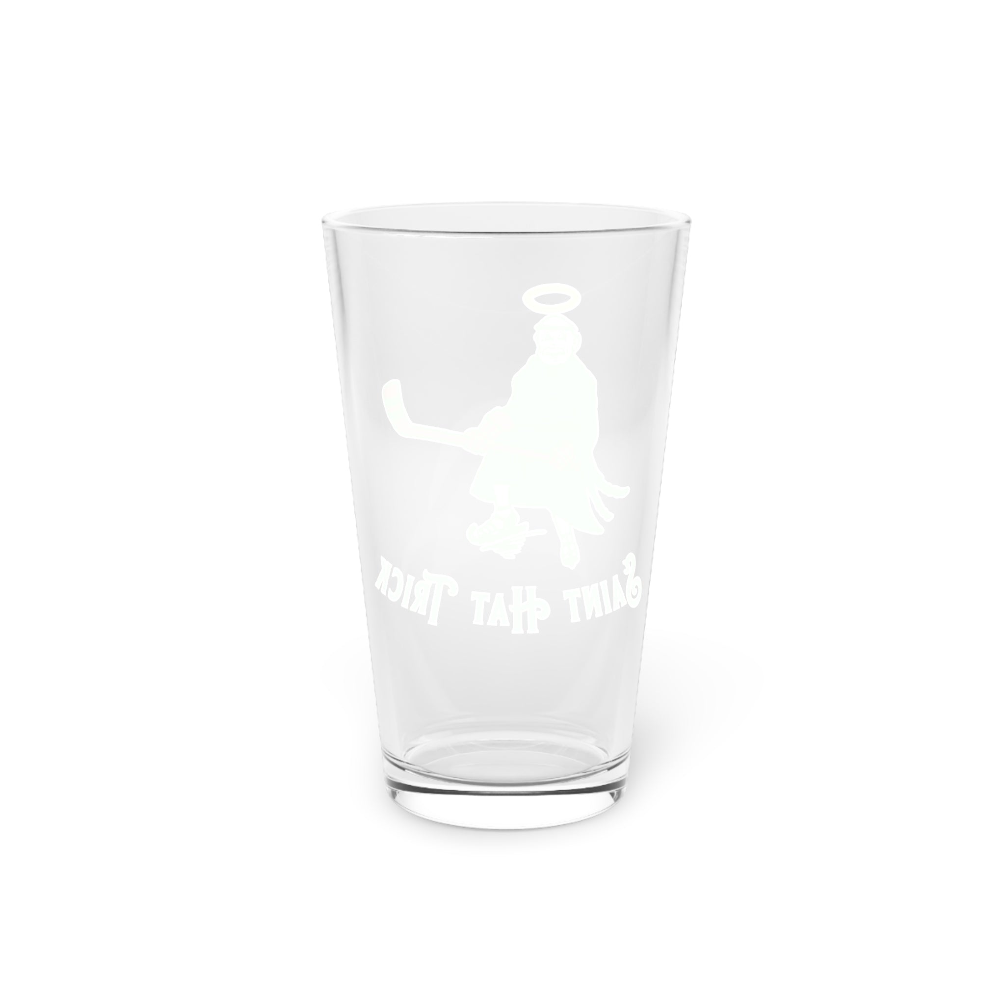 Saint Hat Trick Pint Glass, 16oz with the haloed monk skater in green with script, back view