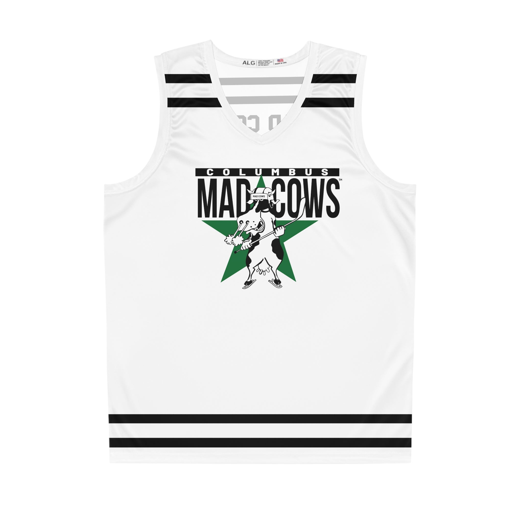 CLEARANCE Columbus Mad Cows Tank Top in white with the cow skater on a green star with black stripes on the front