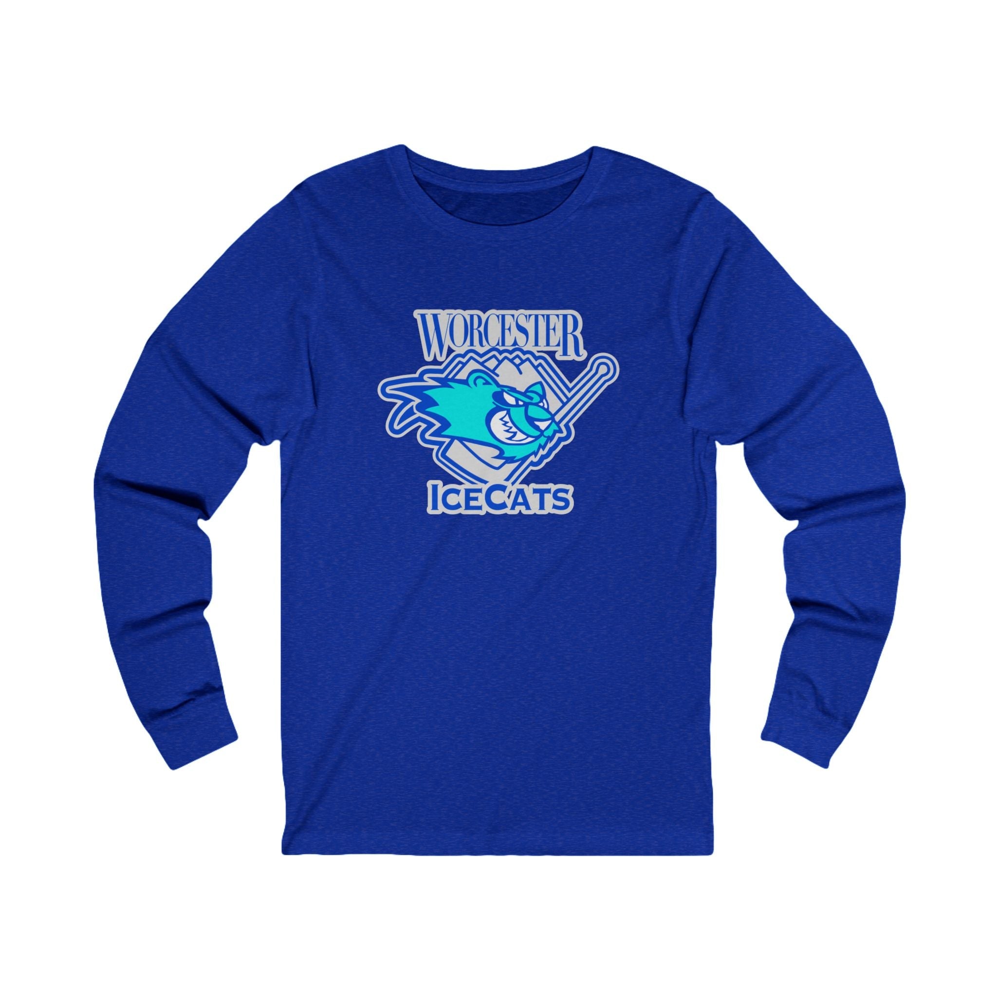 Worcester IceCats Long Sleeve Shirt with the teal cartoon cat with a stick and blue lettering on the front, view 4