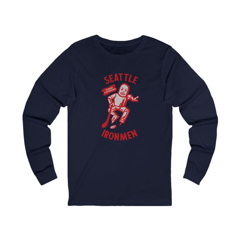 Seattle Ironmen Long Sleeve Shirt with the red retro robot skater with arched lettering on the front, view 6