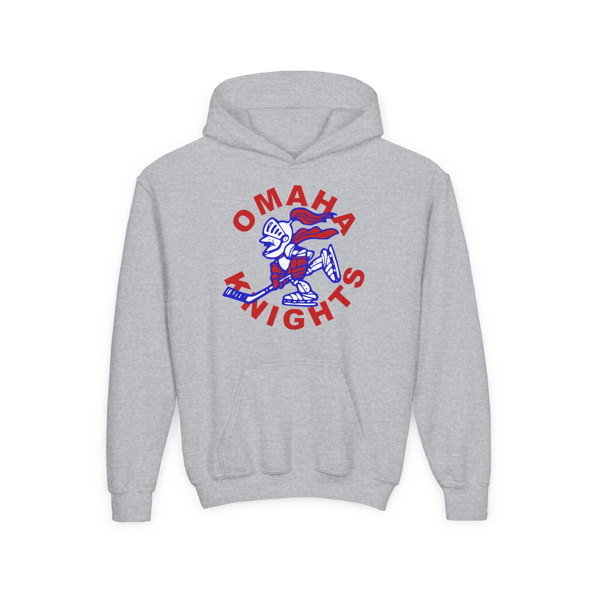 Omaha Knights 1960s Hoodie (Youth) in sport grey with the red arched name around a skating knight mascot on the front