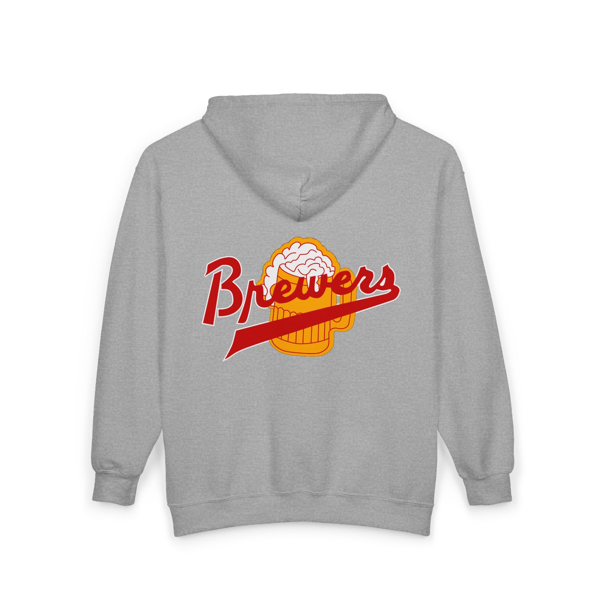 Jersey Brewers Hoodie (Zip) in sport grey, back view with the red script over a foamy beer mug