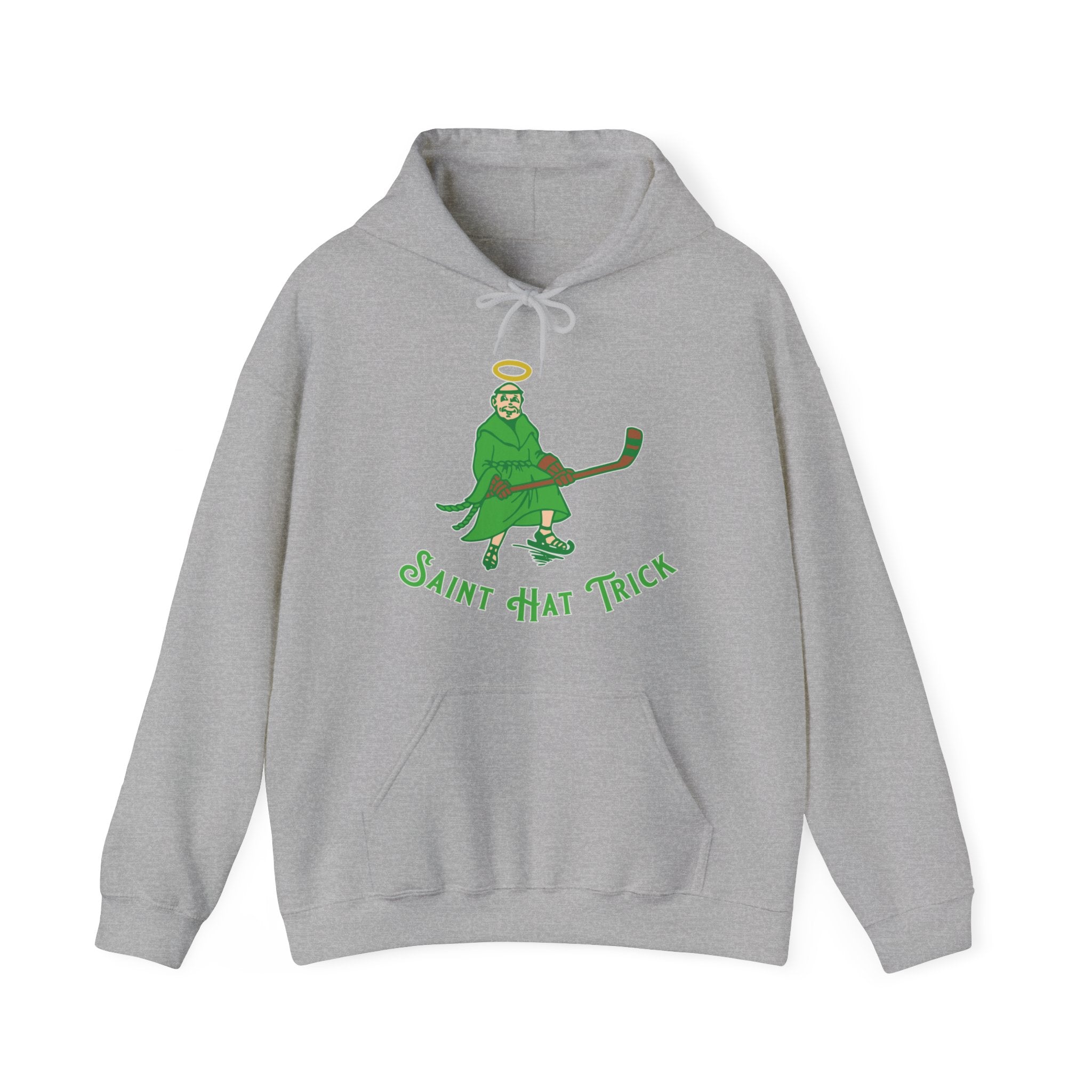 Saint Hat Trick Hooded Sweatshirt in sport grey with the haloed monk skater in green with script on the front