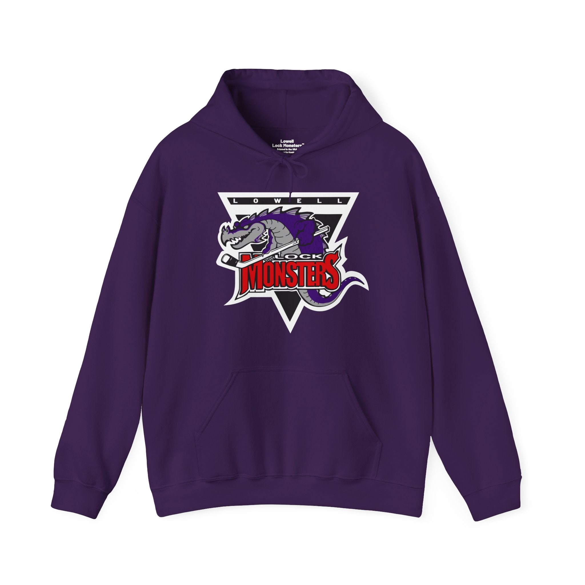 CLEARANCE Lowell Lock Monsters Hooded Sweatshirt in purple with the purple monster in a triangle with red text on the front
