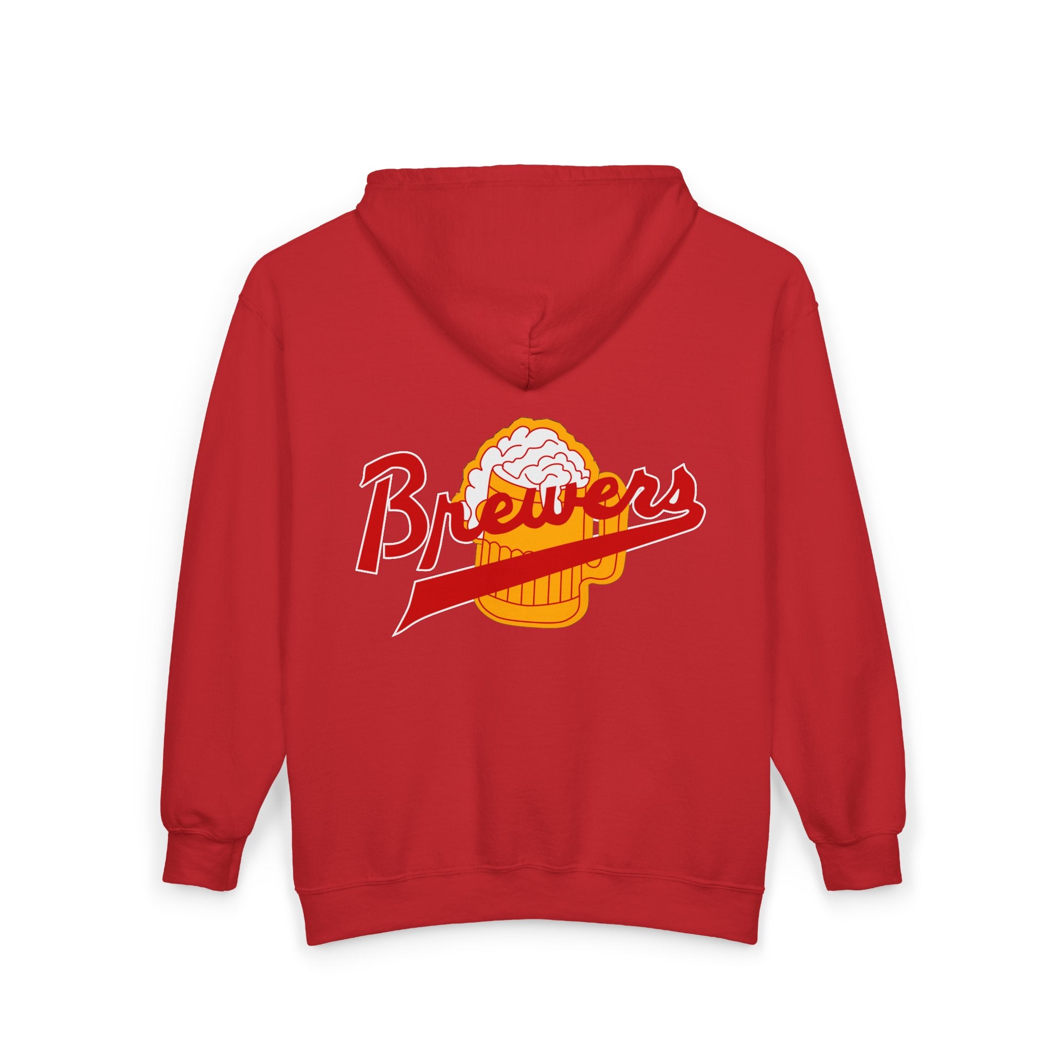 Jersey Brewers Hoodie (Zip) in red, back view with the red script over a foamy beer mug