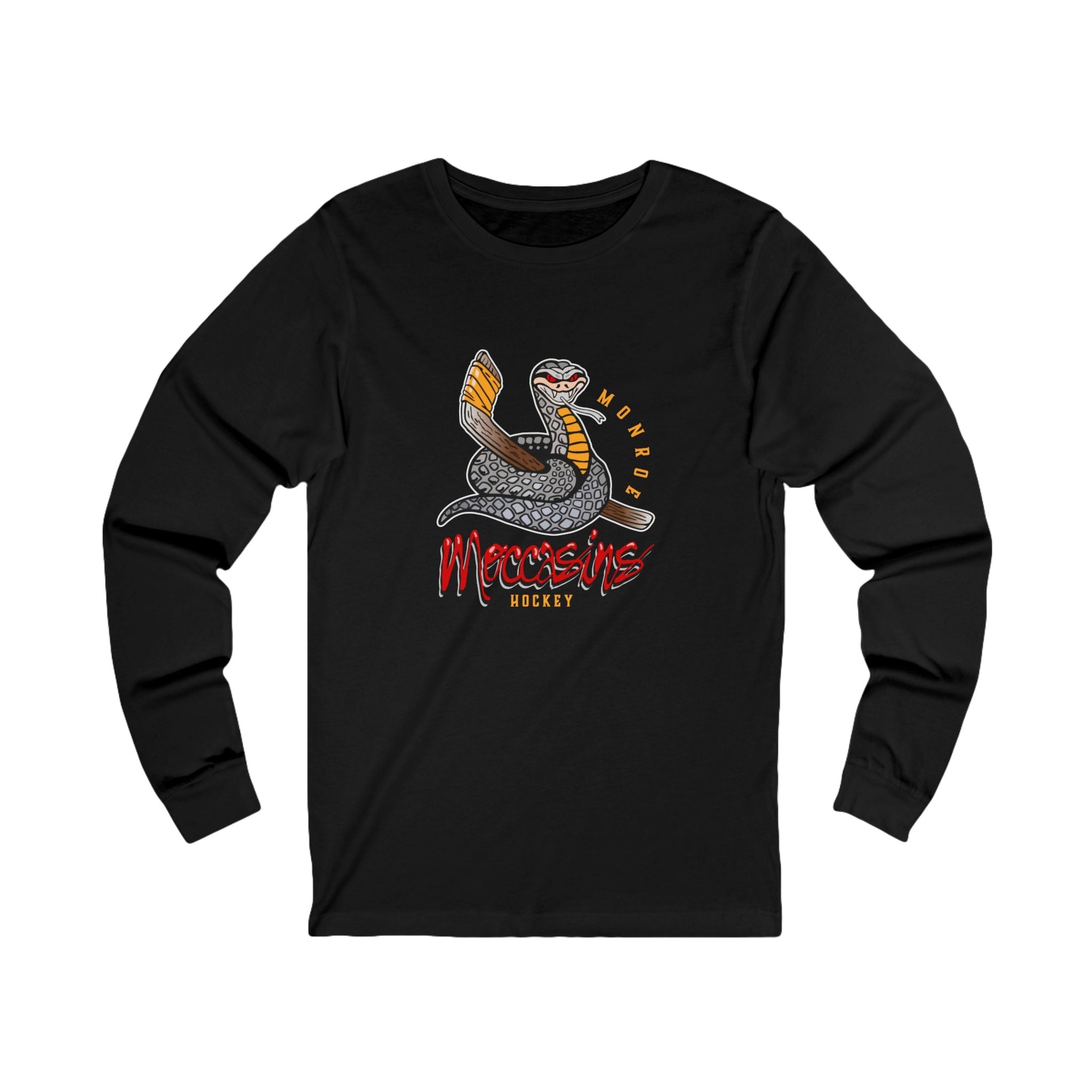 CLEARANCE Monroe Moccasins Long Sleeve Shirt in black with the coiled snake with a stick over red script on the front