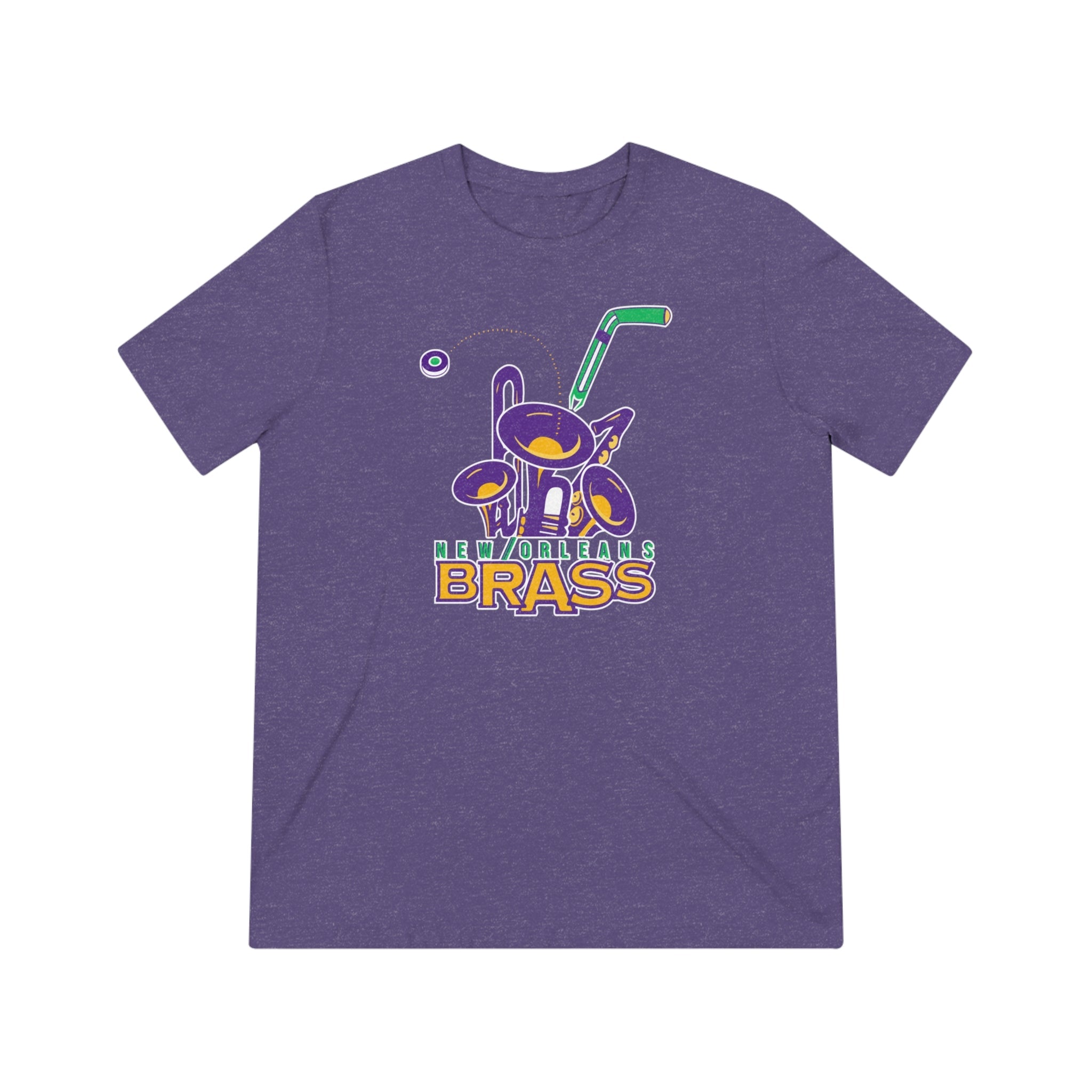 CLEARANCE New Orleans Brass T-Shirt (Tri-Blend Super Light) in purple triblend with the purple horn-shaped mascot with a green stick on the front