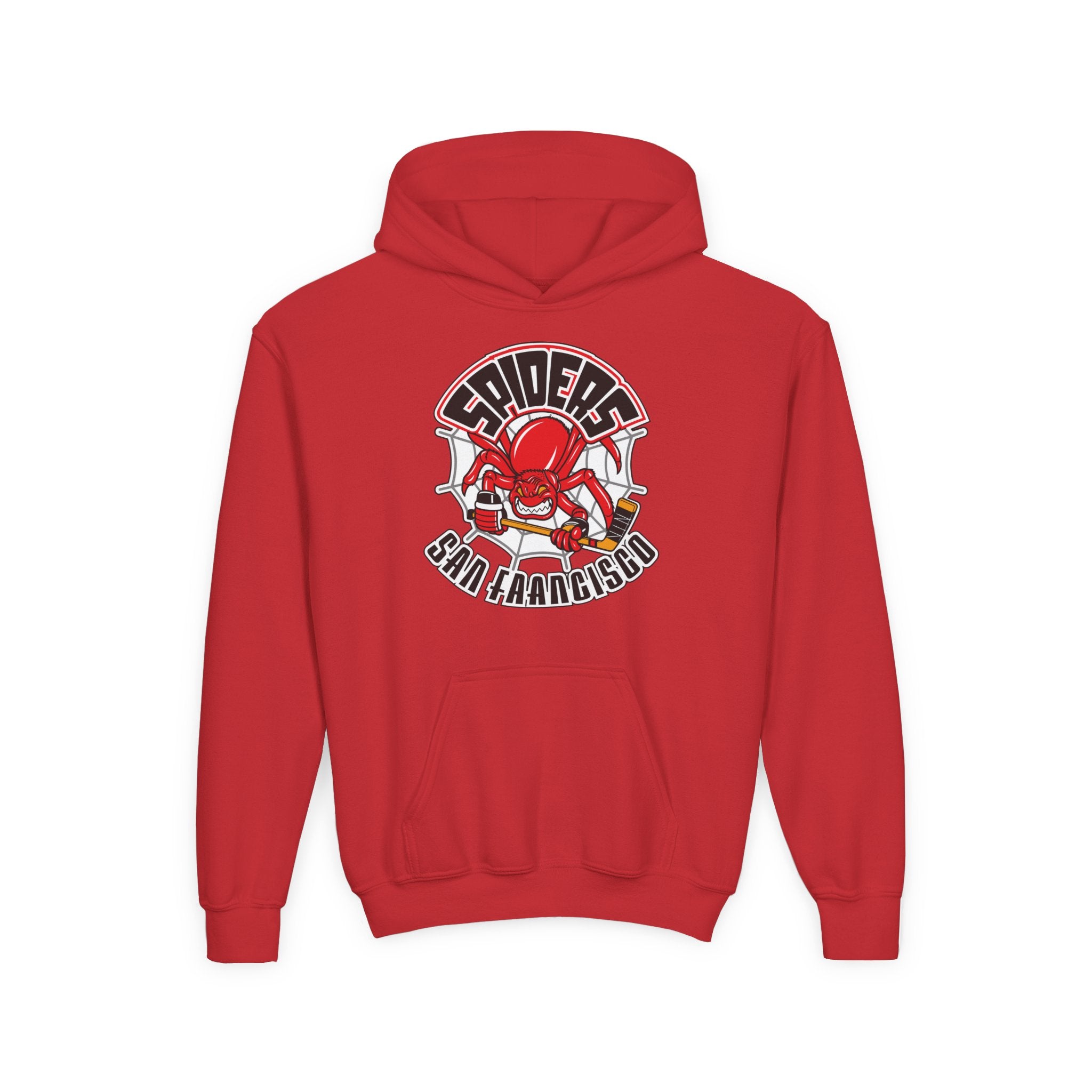 San Francisco Spiders Hoodie (Youth) in red with the red spider with a hockey stick on a web on the front