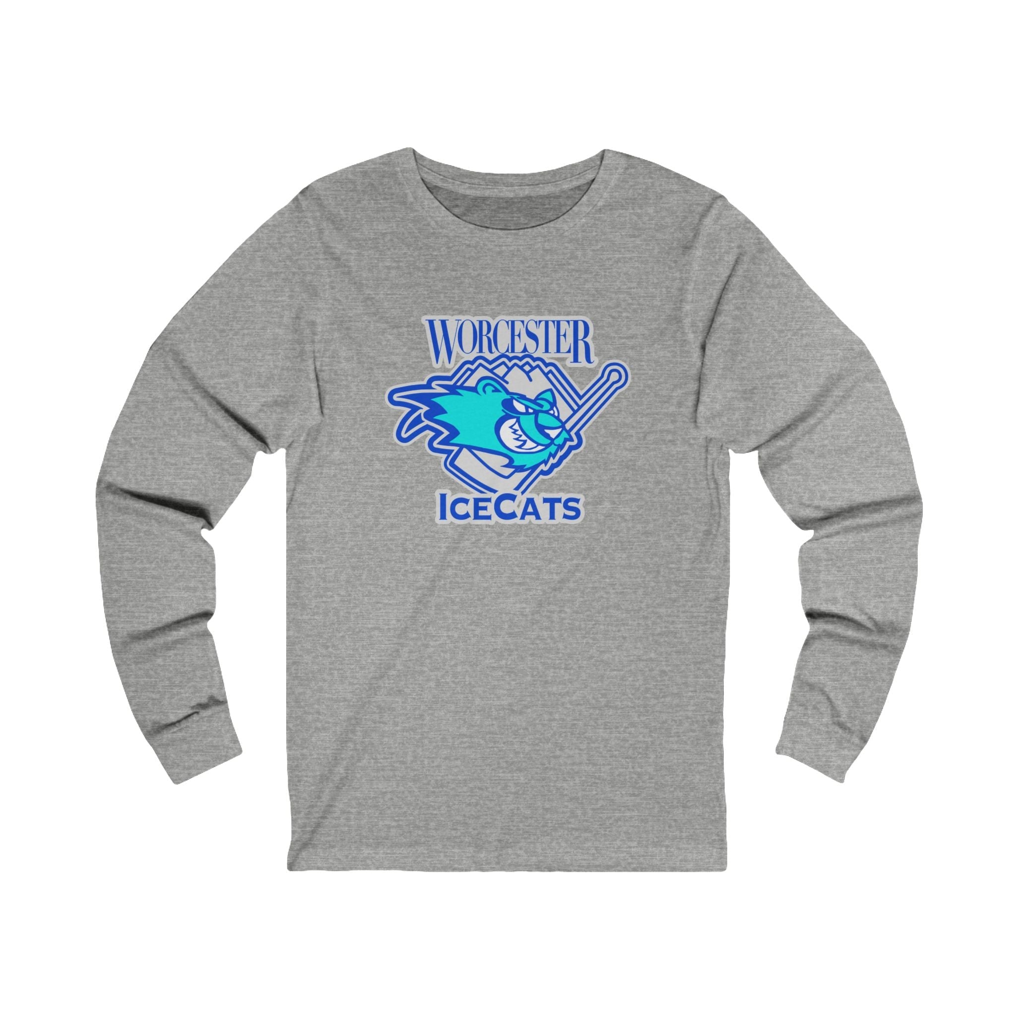 Worcester IceCats Long Sleeve Shirt with the teal cartoon cat with a stick and blue lettering on the front
