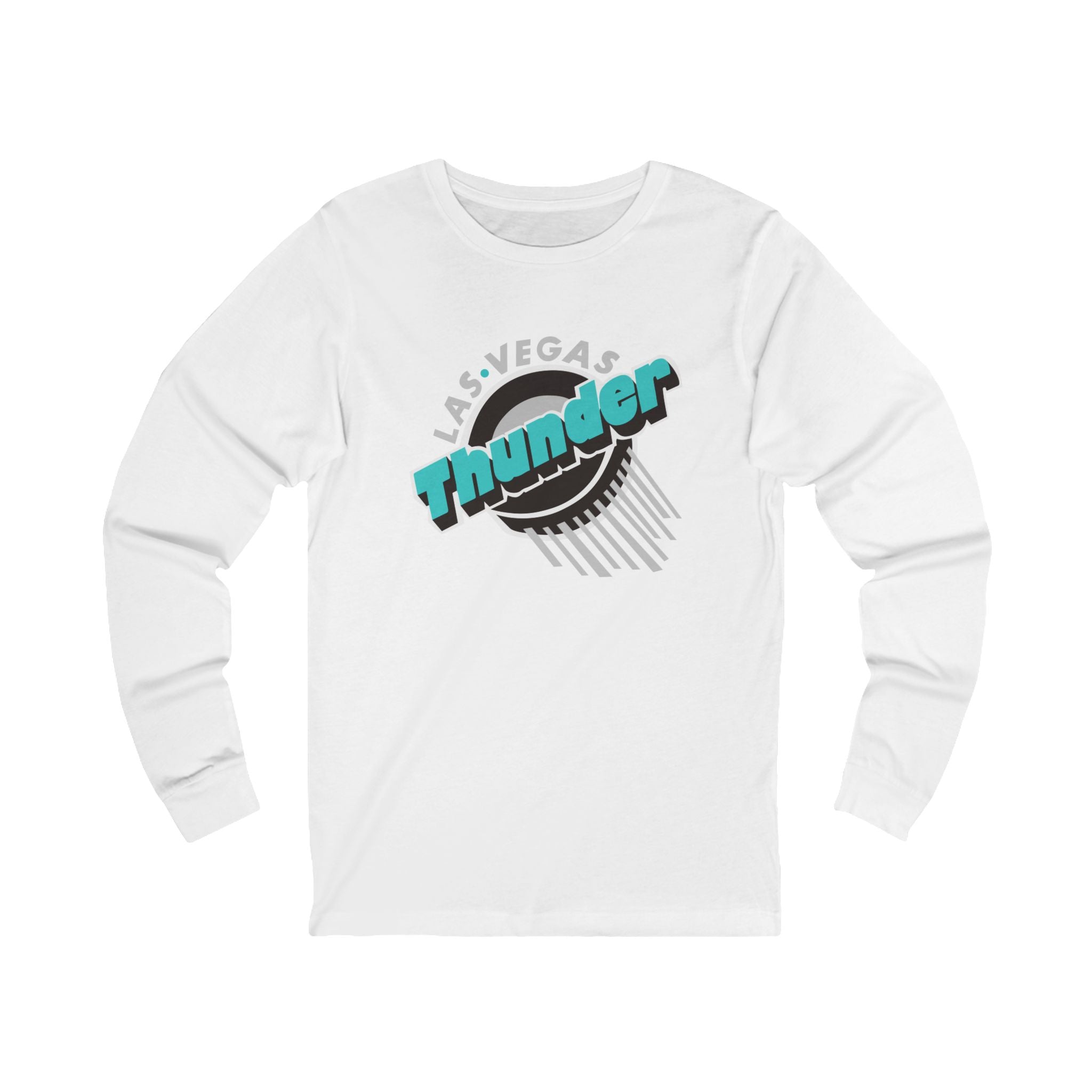 Las Vegas Thunder Puck Long Sleeve Shirt with the puck logo and teal Thunder script on the front, view 2