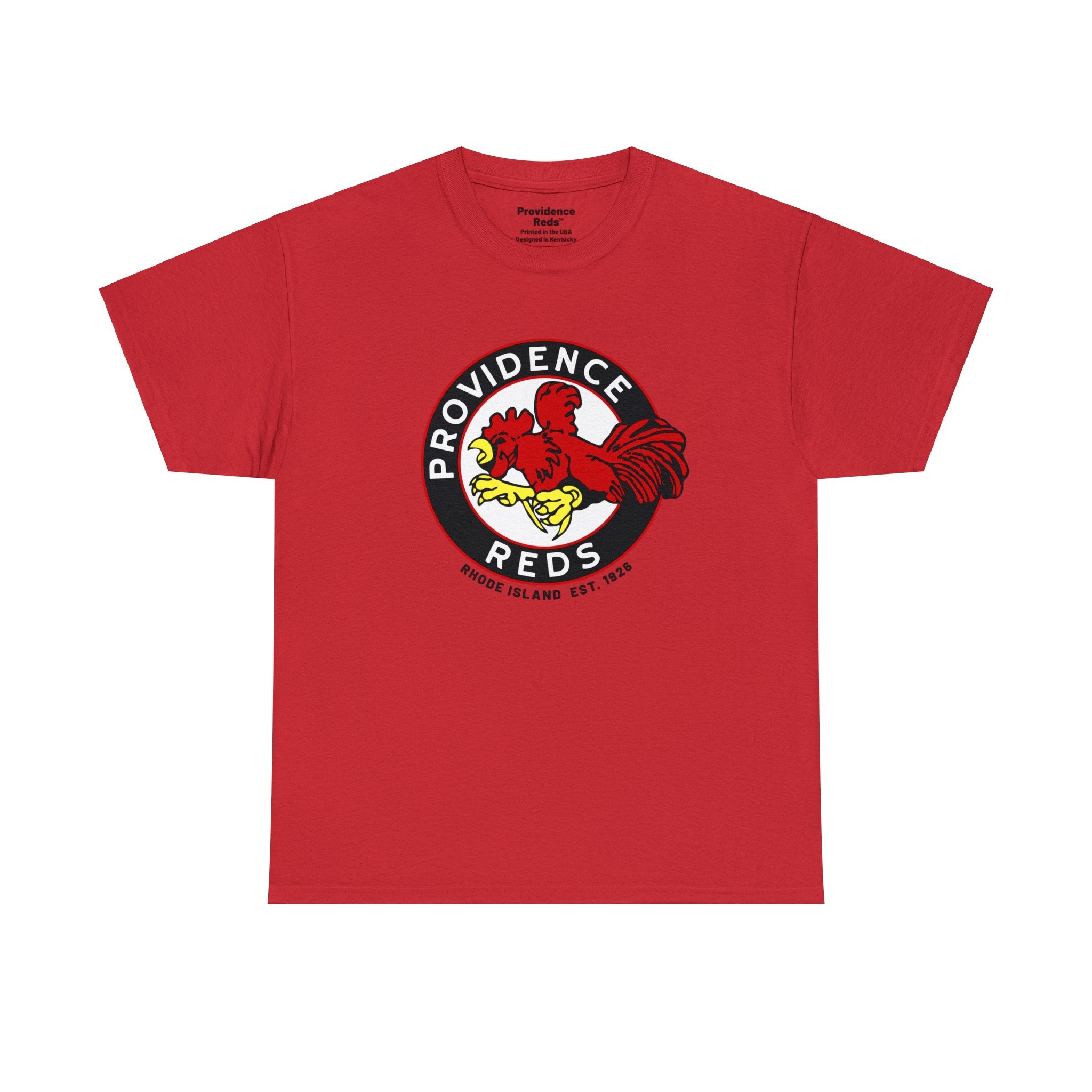 CLEARANCE Providence Reds T-Shirt in red with the red rooster in a round black and white badge on the front