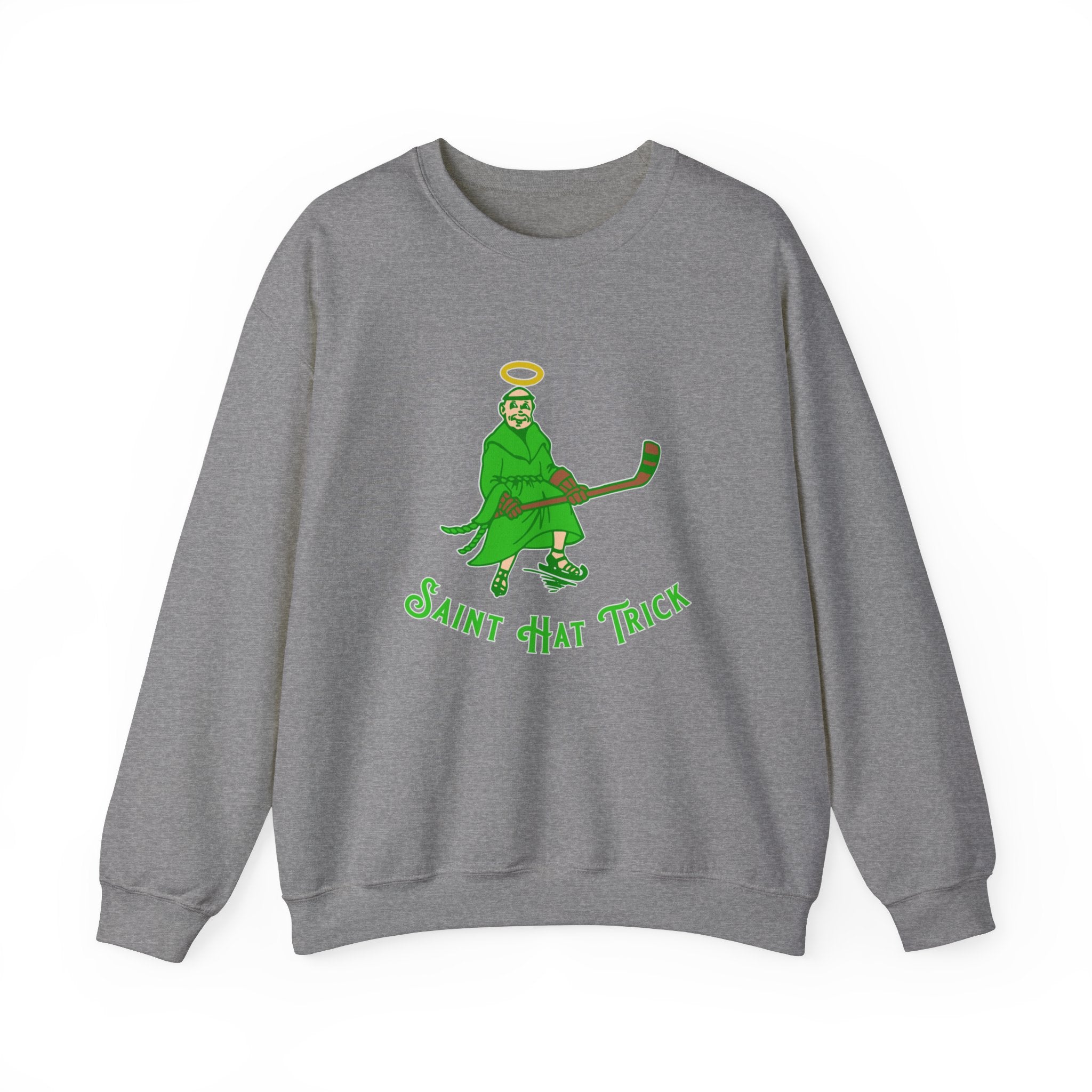 Saint Hat Trick Crewneck Sweatshirt in graphite heather with the haloed monk skater in green with script on the front