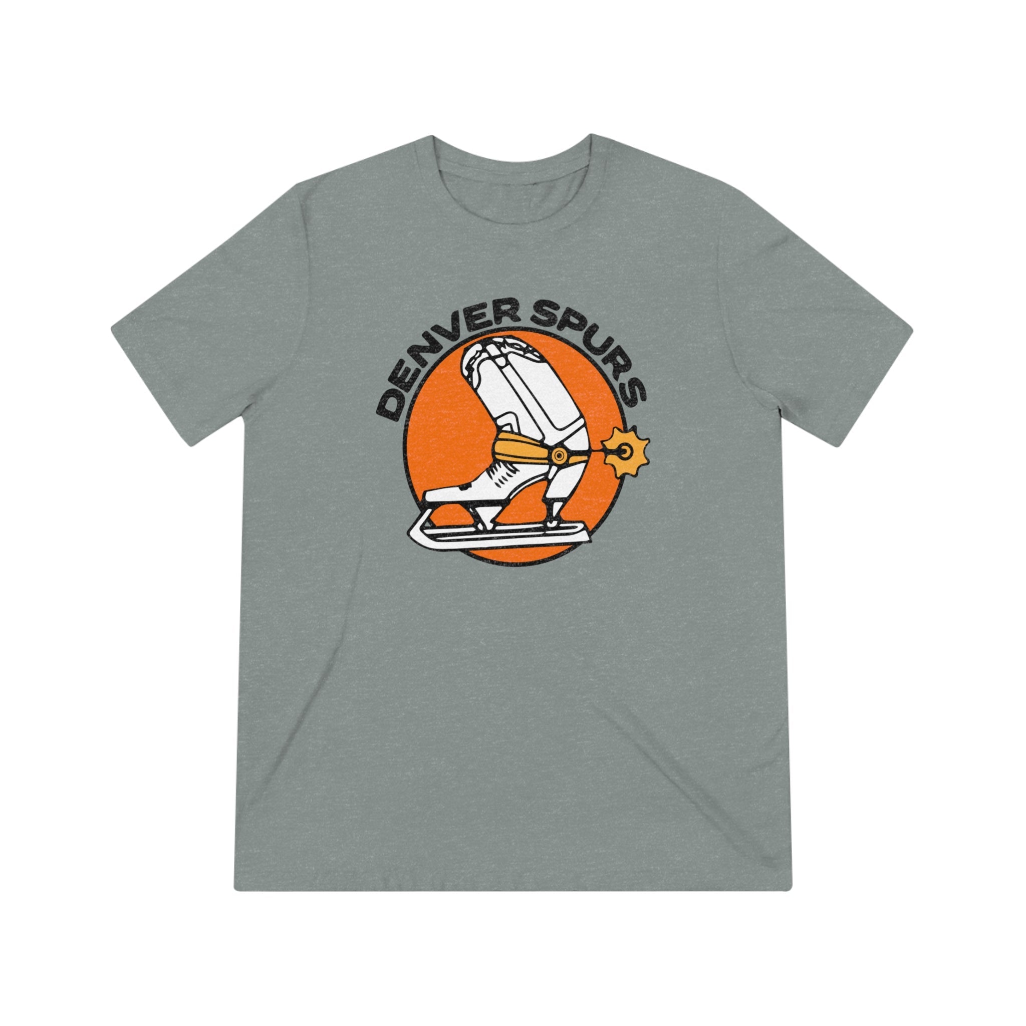 CLEARANCE Denver Spurs T-Shirt (Tri-Blend Super Light) in athletic grey triblend with the orange cowboy boot skate with a spur on the front